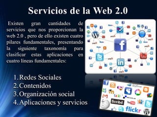 Servicios de la Web 2.0
Existen gran cantidades de
servicios que nos proporcionan la
web 2.0 , pero de ello existen cuatro
pilares fundamentales, presentando
la siguiente taxonomía para
clasificar estas aplicaciones en
cuatro líneas fundamentales:
1.Redes Sociales
2.Contenidos
3.Organización social
4.Aplicaciones y servicios
Existen gran cantidades de
servicios que nos proporcionan la
web 2.0 , pero de ello existen cuatro
pilares fundamentales, presentando
la siguiente taxonomía para
clasificar estas aplicaciones en
cuatro líneas fundamentales:
1.Redes Sociales
2.Contenidos
3.Organización social
4.Aplicaciones y servicios
 