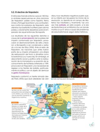 Prohibidasureproducción
117
https://goo.gl/t95dAt
Exilio de Napoleón Bonaparte
OCÉANO
ATLÁNTICO
Londres
París
FRANCIA
Madrid
PORTUGAL
ESPAÑA
Gibraltar (R. U.)
M a r
M
e d i t e r r á n e o
REINO DE
CERDEÑA
Mar
del
Norte
REINO DE
SUECIA Y
NORUEGA
DINAMARCA
POLONIA
IMPERIO
RUSO
REINO DE
LAS DOS
SICILIAS
Nápoles
ESTADOS
ALEMANES
Viena
IMPERIO AUSTRÍACOSUIZA
REINO UNIDO DE
GRAN BRETAÑA
E IRLANDA
IMPERIO OTOMANO
Roma
Mar
Negro
San Petersburgo
Berlín
BOHEMIA
HUNGRÍA
REINO
DE LOS
PAÍSES
BAJOS
LUXEMBURGO
AUSTRIA
Islas
Jónicas
(R. U.)
REINO DE PRUSIA
ESTADOS
PONTIFICIOS
TOSCANA
Mar
Báltico
FINLANDIA
Malta
(R. U.)
LOMBARDÍA-VÉNETO
0 250 500 km
Límites de la
Confederación Germánica
Europa en 1815
BESA
RABIA
Se hizo con el control de
pequeñas islas estratégicas,
como Malta y las Jónicas, lo
que le permitió mantener su
hegemonía marítima.
Se repartieron territorios
en Europa de manera
equilibrada para
impedir que ninguna
alcanzara una posición
de fuerza sobre el resto.
— Rusia adquirió
Finlandia, Polonia y
la Besarabia.
— Prusia recibió
territorios alemanes.
— Austria obtuvo la
Lombardía y el Véneto,
en la costa adriática.
De esta forma se
plasmaba el dominio
de Austria y Prusia en
Europa central, y el
de Rusia en Europa
oriental.
Se crearon pequeños
Estados a lo largo de la
frontera francesa, con
el fin de limitar el
expansionismo de
Francia: los Países Bajos
(formados por Holanda
y Bélgica), Suiza y
el reino de Cerdeña.
REINO UNIDO
AUSTRIA, PRUSIA, RUSIA
FRANCIA
5.2. El declive de Napoleón
El retroceso francés ante los rusos en 1812 tra-
jo similares repercusiones en otros dominios
de Napoleón: países como España, Reino
Unido y Portugal levantaron una contraofen-
siva contra los soldados de Napoleón; esta
ofensiva fue bastante fructífera para dichos
países, y obviamente desastroso para el em-
perador de aquel entonces, Bonaparte.
Los resultados de las siguientes derrotas a
causa de la emancipación de los países del
imperio conformado por Napoleón, provo-
caron el desmoronamiento de este y lleva-
ron a Bonaparte a ser condenado y exilia-
do a la isla de Elba (1814). Ante el exilio de
Napoleón, las naciones que antes fueron
parte de su imperio empezaron una etapa
de restauración del trono a dinastías como
la borbónica y su nuevo rey. Sin embargo, el
descontento social y político ante la restau-
ración de la monarquía y su posición de re-
conocimiento de fronteras anteriores a 1789,
provocaron en Napoleón una necesidad de
regreso a los frentes de batalla, particular-
mente el político, con el objeto de derrocar
la gesta monárquica.
Napoleón conformó un frente armado des-
de París (1815) que duró alrededor de cien
días y tuvo resultados negativos puesto que,
en su intento por recuperar los inicios de la
revolución, su derrota en el campo de Wa-
terloo fue inevitable y, finalmente, fue una
vez más exiliado, en esta ocasión, a la isla
de Santa Elena en el Atlántico Sur, en donde
moriría a sus 51 años a causa de problemas
de salud estomacal, según datos históricos.
 