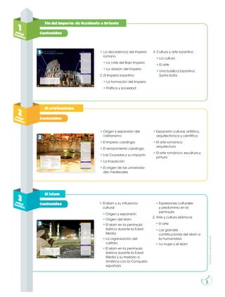 3
Prohibidasureproducción
Contenidos
Contenidos
Contenidos
3
Fin del Imperio: de Occidente a Oriente
El cristianismo
El islam
1unidadtemática
1. La decadencia del Imperio
romano
• La crisis del Bajo Imperio
• La división del Imperio
2. El Imperio bizantino
• La formación del Imperio
• Política y sociedad
3. Cultura y arte bizantino
• La cultura
• El arte
• Una basílica bizantina:
Santa Sofía
• Origen y expansión del
cristianismo
• El Imperio carolingio
• El renacimiento carolingio
• Las Cruzadas y su impacto
• La Inquisición
• El origen de las universida-
des medievales
• Expansión cultural, artística,
arquitectónica y científica
• El arte románico:
arquitectura
• El arte románico: escultura y
pintura
1. El islam y su influencia
cultural
• Origen y expansión
• Origen del islam
• El islam en la península
ibérica durante la Edad
Media
• La organización del
califato
• El islam en la península
ibérica durante la Edad
Media y su traslado a
América con la Conquista
española
• Expresiones culturales
y predominio en la
península
2. Arte y cultura islámicos
• El arte
• Las grandes
contribuciones del islam a
la humanidad
• La mujer y el islam
2unidadtemática
3unidadtemática
 