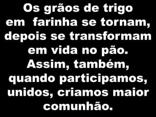 Os grãos de trigo
em farinha se tornam,
depois se transformam
em vida no pão.
Assim, também,
quando participamos,
unidos, criamos maior
comunhão.

 