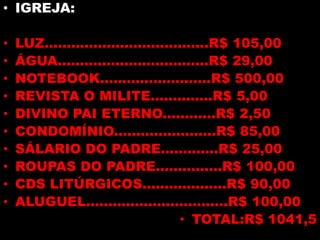 • IGREJA:
•
•
•
•
•
•
•
•
•
•

LUZ.....................................R$ 105,00
ÁGUA..................................R$ 29,00
NOTEBOOK.........................R$ 500,00
REVISTA O MILITE..............R$ 5,00
DIVINO PAI ETERNO............R$ 2,50
CONDOMÍNIO.......................R$ 85,00
SÁLARIO DO PADRE.............R$ 25,00
ROUPAS DO PADRE...............R$ 100,00
CDS LITÚRGICOS...................R$ 90,00
ALUGUEL................................R$ 100,00
• TOTAL:R$ 1041,5

 