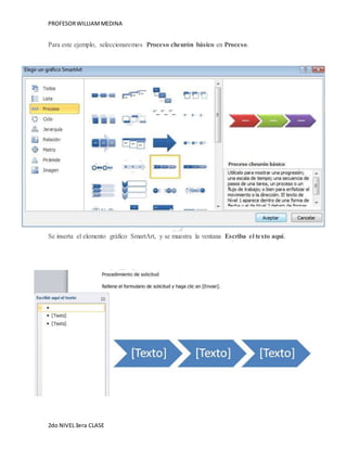 PROFESOR WILLIAM MEDINA 
Para este ejemplo, seleccionaremos Proceso cheurón básico en Proceso. 
Se inserta el elemento gráfico SmartArt, y se muestra la ventana Escriba el texto aquí. 
2do NIVEL 3era CLASE 
 