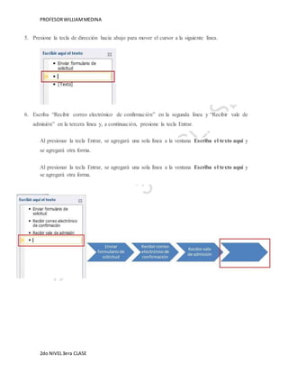 PROFESOR WILLIAM MEDINA 
5. Presione la tecla de dirección hacia abajo para mover el cursor a la siguiente línea. 
6. Escriba “Recibir correo electrónico de confirmación” en la segunda línea y “Recibir vale de 
admisión” en la tercera línea y, a continuación, presione la tecla Entrar. 
Al presionar la tecla Entrar, se agregará una sola línea a la ventana Escriba el texto aquí y 
se agregará otra forma. 
Al presionar la tecla Entrar, se agregará una sola línea a la ventana Escriba el texto aquí y 
se agregará otra forma. 
2do NIVEL 3era CLASE 
 