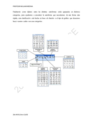 PROFESOR WILLIAM MEDINA 
Finalmente como dijimos antes las distintas autoformas están agrupadas en distintas 
categorías, para ayudarnos a encontrar la autoforma que necesitemos de una forma más 
rápida, esta clasificación está hecha en base a la función o el tipo de gráfico que deseemos 
hacer veamos cuáles son esas categorías: 
2do NIVEL 3era CLASE 
 