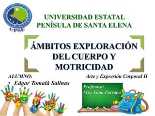 UNIVERSIDAD ESTATAL
PENÍSULA DE SANTA ELENA
ALUMNO: Arte y Expresión Corporal II
• Edgar Tomalá Salinas
Profesora:
Msc. Gina Parrales
 