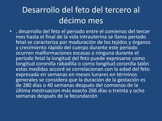 Desarrollo del feto del tercero al 
décimo mes 
• , desarrollo del feto el periodo entre el comienzo del tercer 
mes hasta el final de la vida intrauterina se llama periodo 
fetal se caracteriza por maduración de los tejidos y órganos 
y crecimiento rápido del cuerpo durante este periodo 
ocurren malformaciones escasas o ninguna durante el 
periodo fetal la longitud del feto puede expresarse como 
longitud coronilla rabadilla o como longitud coronilla talón 
estas medidas accord se correlacionan con la edad del feto 
expresada en semanas en meses lunares en términos 
generales se considera que la duración de la gestación es 
de 280 días o 40 semanas después del comienzo de la 
última mestruacion más exacto 266 días o treinta y ocho 
semanas después de la fecundación 
 