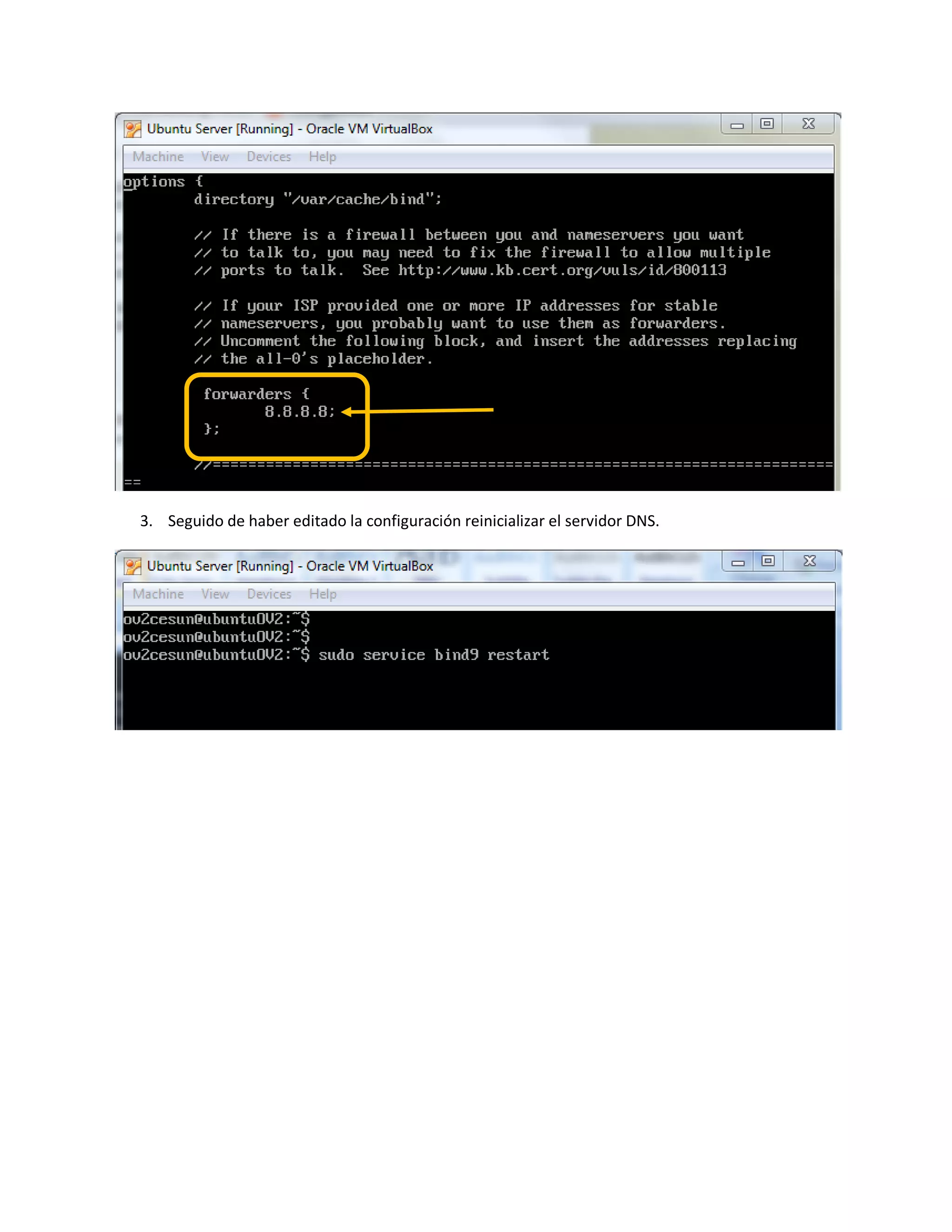 3. Seguido de haber editado la configuración reinicializar el servidor DNS.
 