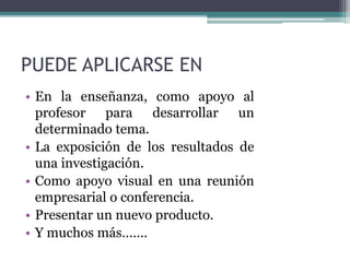 PUEDE APLICARSE EN 
• En la enseñanza, como apoyo al 
profesor para desarrollar un 
determinado tema. 
• La exposición de los resultados de 
una investigación. 
• Como apoyo visual en una reunión 
empresarial o conferencia. 
• Presentar un nuevo producto. 
• Y muchos más....... 
 