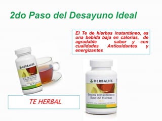 El Te de hierbas instantáneo, es
            una bebida baja en calorías, de
            agradable        sabor y con
            cualidades    Antioxidantes    y
            energizantes




TE HERBAL
 