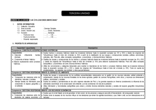 NOMBRE DE LA UNIDAD: “LAS CIVILIZACIONES AMERICANAS”
I. DATOS INFORMATIVOS
1.1. Institución Educativa :
1.2. Área curricular : Ciencias Sociales
1.3. Grado / Sección (es) : ……. Grado, Secciones: …………..
1.4. Duración : ……. Semanas
- Fecha de Inicio : ….. / ….. / 20…….
- Fecha de término : ….. / ….. / 20…….
- Docente responsable :
II. PROPÓSITO DE APRENDIZAJE
Capacidad / capacidades Desempeños
Competencia: CONSTRUYE INTERPRETACIONES HISTÓRICAS
Capacidades:
 Interpreta críticamente fuentes
diversas.
 Comprende el tiempo histórico.
 Elabora explicaciones sobre procesos
históricos.
 Explica hechos o procesos históricos desde las invasiones bárbaras hasta la expansión europea (ss. XV y XVI) y desde los orígenes del
Tahuantinsuyo hasta el inicio del virreinato (s. XVI) a partir de la clasificación de sus causas y consecuencias (sociales, políticas, económicas,
culturales, etc). Para ello, utiliza conceptos sociopolíticos y económicos, y diversos términos históricos.
 Clasifica las causas y consecuencias de los hechos o procesos históricos desde las invasiones bárbaras hasta la expansión europea (ss. XV y XVI)
y desde los orígenes del Tahuantinsuyo hasta el inicio del virreinato (s. XVI) para elaborar explicaciones históricas. Para ello utiliza conceptos
sociopolíticos y económicos así como diversos términos históricos.
 Utiliza las convenciones y categorías temporales para explicar la importancia de los hecho o procesos históricos desde las invasiones bárbaras
hasta la expansión europea (XV y XVI) y desde los orígenes del Tahuantinsuyo hasta el inicio del virreinato (s. XVI). Toma en cuenta las
simultaneidades, los aspectos que cambian y otros que permanecen.
Competencia: GESTIONA RESPONSABLEMENTE EL ESPACIO Y EL AMBIENTE
Capacidades:
 Comprende las relaciones entre los
elementos naturales y sociales.
 Maneja fuentes de información para
comprender el espacio geográfico y
el ambiente.
 Explica las causas y consecuencias de los conflictos socioambientales relacionados con la gestión de los recursos naturales, calidad ambiental y
contaminación, manejo de los recursos forestales de las áreas agrícolas, gestión de cuencas hidrográficas, entre otros; y reconoce sus dimensiones
políticas, económicas y sociales.
 Explica los cambios y permanencias en las ocho regiones naturales del Perú y los grandes espacios en America considerando la influencia de las
actividades económicas en la conservación del ambiente y en las condiciones de vida de la población.
 Utiliza información y herramientas cartográficas para ubicar y orientar diversos elementos naturales y sociales del espacio geográfico incluyéndose
en este.
Competencia: GESTIONA RESPONSABLEMENTE LOS RECURSOS ECONÓMICOS
Capacidades:
 Comprende las relaciones entre los
elementos del sistema económico y
 Explica que el rol del Estado es la de garantizar el bien común de las personas y asegurar para ello el financiamiento del presupuesto nacional.
 Explica como la escasez de los recursos influye en las decisiones que toman los agentes económicos y que, freten a ello, se dan interacciones en el
mercado.
TERCERA UNIDAD
 