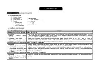 NOMBRE DE LA UNIDAD: “LA CONQUISTA DEL PERÚ”
I. DATOS INFORMATIVOS
1.1. Institución Educativa :
1.2. Área curricular : Ciencias Sociales
1.3. Grado / Sección (es) : ……. Grado, Secciones: …………..
1.4. Duración : ……. Semanas
- Fecha de Inicio : ….. / ….. / 20…….
- Fecha de término : ….. / ….. / 20…….
- Docente responsable :
II. PROPÓSITO DE APRENDIZAJE
Capacidad / capacidades Desempeños
Competencia: CONSTRUYE INTERPRETACIONES HISTÓRICAS
Capacidades:
 Interpreta críticamente fuentes
diversas.
 Comprende el tiempo histórico.
 Elabora explicaciones sobre procesos
históricos.
 Utiliza diversas fuentes sobre determinados hechos o procesos históricos, desde las invasiones bárbaras hasta la expansión europea (ss. XV y XVI)
y desde los orígenes del Tahuantinsuyo hasta el inicio del virreinato (s. XVI). Para ello, identifica el contexto histórico (características de la época) en
el que fueron producidas esas fuentes y complementa una con otra.
 Explica hechos o procesos históricos desde las invasiones bárbaras hasta la expansión europea (ss. XV y XVI) y desde los orígenes del
Tahuantinsuyo hasta el inicio del virreinato (s. XVI) a partir de la clasificación de sus causas y consecuencias (sociales, políticas, económicas,
culturales, etc). Para ello, utiliza conceptos sociopolíticos y económicos, y diversos términos históricos.
Competencia: GESTIONA RESPONSABLEMENTE EL ESPACIO Y EL AMBIENTE
Capacidades:
 Comprende las relaciones entre los
elementos naturales y sociales.
 Maneja fuentes de información para
comprender el espacio geográfico y
el ambiente.
 Explica los cambios y permanencias en las ocho regiones naturales del Perú y los grandes espacios en America considerando la influencia de las
actividades económicas en la conservación del ambiente y en las condiciones de vida de la población.
 Explica las causas y consecuencias de los conflictos socioambientales relacionados con la gestión de los recursos naturales, calidad ambiental y
contaminación, manejo de los recursos forestales de las áreas agrícolas, gestión de cuencas hidrográficas, entre otros; y reconoce sus dimensiones
políticas, económicas y sociales.
Competencia: GESTIONA RESPONSABLEMENTE LOS RECURSOS ECONÓMICOS
Capacidades:
 Comprende las relaciones entre los
elementos del sistema económico y
financiero.
 Explica como la escasez de los recursos influye en las decisiones que toman los agentes económicos y que, freten a ello, se dan interacciones en el
mercado.
CUARTA UNIDAD
 