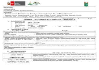 Kit de microscopía.
Kit del torso humano.
Kit de materiales tecnológicos de control de mecanismos.
Para el docente:
 Ministerio de Educación. Rutas del Aprendizaje. Fascículo general 4. Ciencia y Tecnología. 2013. Lima. Ministerio de Educación.
 Ministerio de Educación. Rutas del Aprendizaje. VI ciclo. Área Curricular de Ciencia, Tecnología y Ambiente.2015. Lima. Ministerio de Educación.
 Santillana S.A. (2016). Ciencia, Tecnología y Ambiente 2. Manual para el docente. Lima-Perú: Santillana S.A.
VALLE MANANTIAL, ………de …………………..del 2022.
NOMBRE DE LA SEXTA UNIDAD: “LA REPRODUCCIÓN Y LA SEXUALIDAD”
I. DATOS INFORMATIVOS
I.1. Institución Educativa : MICAELA BASTIDAS
I.2. Área curricular : Ciencia y Tecnología
I.3. Grado / Sección (es) : 2do Grado Secciones: Unica
I.4. Duración : ……. Semanas Fecha de Inicio : ….. / ….. / 2022 Fecha de término : ….. / ….. / 2022
I.5. Docente responsable : RENOJO BENITO, RUSSELL.
II. PROPÓSITO DE APRENDIZAJE
Capacidad / capacidades Desempeños
Competencia: Indaga mediante métodos científicos para construir conocimientos.
Capacidades:
Analiza datos e información.
Evalúa y comunica el proceso y resultados de su indagación.
 Realiza los ajustes en sus procedimientos y controla las variables intervinientes.
 Organiza los datos y hace cálculos de medidas de tendencia central, proporcionalidad u otros y los representa en gráficas.
Competencia: Explica el mundo físico basándose en conocimientos sobre los seres vivos, materia y energía, biodiversidad, tierra y universo.
Capacidades: Comprende y usa conocimientos sobre los seres vivos.
Evalúa las implicancias del saber y del quehacer científico y
tecnológico.
 Describe cómo a través de los procesos de fotosíntesis y respiración se produce la energía que la célula utiliza para producir sustancias
orgánicas.
 Establece semejanzas y diferencias entre las estructuras que han desarrollado los seres unicelulares y pluricelulares para realizar la función
de nutrición.
Competencia: Diseña y construye soluciones tecnológicas para resolver problemas de su entorno
Capacidades: Implementa y valida la alternativa de solución
tecnológica.
Evalúa y comunica el funcionamiento y los impactos de su alternativa
de solución tecnológica.
 Comprueba el funcionamiento de su solución tecnológica según los requerimientos establecidos y propone mejoras.
III. ENFOQUES TRANSVERSALES.
ENFOQUES TRANSVERSALES ACTITUDES QUE SE DEMUESTRAN CUANDO…
ENFOQUE AMBIENTAL
 Docentes y estudiantes impulsan la recuperación y uso de las áreas verdes y las áreas naturales, como espacios educativos, a fin de valorar el
beneficio que les brindan.
ENFOQUE INTERCULTURAL
 Los docentes previenen y afrontan de manera directa toda forma de discriminación, propiciando una reflexión crítica sobre sus causas y
motivaciones con todos los estudiantes.
ENFOQUE IGUALDAD DE GÉNERO
 Docentes y directivos fomentan una valoración sana y respetuosa del cuerpo e integridad de las personas, en especial, se previene y atiende
adecuadamente las posibles situaciones de violencia sexual (ejemplo: tocamientos indebidos, acosos, etc)
COMPETENCIAS TRANSVERSALES.
 