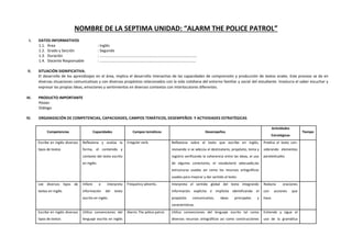 NOMBRE DE LA SEPTIMA UNIDAD: “ALARM THE POLICE PATROL”
I. DATOS INFORMATIVOS
1.1. Área : Inglés
1.2. Grado y Sección : Segundo
1.3. Duración : ………………………………………………………………………………………..
1.4. Docente Responsable : ……………………………………………………………………………………….
II. SITUACIÓN SIGNIFICATIVA.
El desarrollo de los aprendizajes en el área, implica el desarrollo interactivo de las capacidades de comprensión y producción de textos orales. Este proceso se da en
diversas situaciones comunicativas y con diversos propósitos relacionados con la vida cotidiana del entorno familiar y social del estudiante. Involucra el saber escuchar y
expresar las propias ideas, emociones y sentimientos en diversos contextos con interlocutores diferentes.
III. PRODUCTO IMPORTANTE
Póster
Diálogo
IV. ORGANIZACIÓN DE COMPETENCIAS, CAPACIDADES, CAMPOS TEMÁTICOS, DESEMPEÑOS Y ACTIVIDADES ESTRATÉGICAS
Competencias Capacidades Campos temáticos Desempeños
Actividades
Estratégicas
Tiempo
Escribe en inglés diversos
tipos de textos
Reflexiona y evalúa la
forma, el contenido y
contexto del texto escrito
en inglés.
Irregular verb. Reflexiona sobre el texto que escribe en inglés,
revisando si se adecúa al destinatario, propósito, tema y
registro verificando la coherencia entre las ideas, el uso
de algunos conectores, el vocabulario adecuado,las
estructuras usadas así como los recursos ortográficos
usados para mejorar y dar sentido al texto.
Predice el texto con-
siderando elementos
paratextuales.
Lee diversos tipos de
textos en inglés
Infiere e interpreta
información del texto
escrito en inglés.
Frequency adverbs. Interpreta el sentido global del texto integrando
información explícita e implícita identificando el
propósito comunicativo, ideas principales y
características.
Redacta oraciones
con acciones que
hace.
Escribe en inglés diversos
tipos de textos
Utiliza convenciones del
lenguaje escrito en inglés
Alarm¡ The pólice patrol. Utiliza convenciones del lenguaje escrito tal como
diversos recursos ortográficos asi como construcciones
Entiende y sigue el
uso de la gramática
 