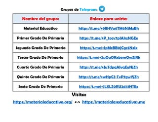 Grupos de Telegram:
Nombre del grupo: Enlace para unirte:
Material Educativo https://t.me/+9lIHVu6TM6NjMzBh
Primer Grado De Primaria https://t.me/+P_tocv7pIAkzNGEx
Segundo Grado De Primaria https://t.me/+IpMcBB0jCgs5NzIx
Tercer Grado De Primaria https://t.me/+2uOuORxbemQwZjRh
Cuarto Grado De Primaria https://t.me/+JuTdpqAlvqEyNjZh
Quinto Grado De Primaria https://t.me/+wHpCJ-TvP7gwYjZh
Sexto Grado De Primaria https://t.me/+JLXLZ0RU2d41NTEx
Visita:
https://materialeducativo.org/ <-> https://materialeseducativos.mx
 