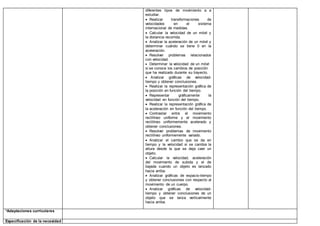 diferentes tipos de movimiento a a
estudiar.
 Realizar transformaciones de
velocidades en el sistema
internacional de medidas.
 Calcular la velocidad de un móvil y
la distancia recorrida.
 Analizar la aceleración de un móvil y
determinar cuándo se tiene 0 en la
aceleración.
 Resolver problemas relacionados
con velocidad.
 Determinar la velocidad de un móvil
si se conoce los cambios de posición
que ha realizado durante su trayecto.
 Analizar gráficas de velocidad-
tiempo y obtener conclusiones.
 Realizar la representación gráfica de
la posición en función del tiempo.
 Representar gráficamente la
velocidad en función del tiempo.
 Realizar la representación gráfica de
la aceleración en función del tiempo.
 Contrastar entre el movimiento
rectilíneo uniforme y el movimiento
rectilíneo uniformemente acelerado y
obtener conclusiones.
 Resolver problemas de movimiento
rectilíneo uniformemente variado.
 Analizar el cambio que se da en
tiempo y la velocidad si se cambia la
altura desde la que se deja caer un
objeto.
 Calcular la velocidad, aceleración
del movimiento de subida y el de
bajada cuando un objeto es lanzado
hacia arriba.
 Analizar gráficas de espacio-tiempo
y obtener conclusiones con respecto al
movimiento de un cuerpo.
 Analizar gráficas de velocidad-
tiempo y obtener conclusiones de un
objeto que se lanza verticalmente
hacia arriba.
*Adaptaciones curriculares
Especificación de la necesidad
 