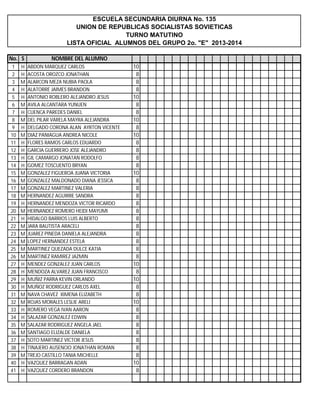ESCUELA SECUNDARIA DIURNA No. 135
UNION DE REPUBLICAS SOCIALISTAS SOVIETICAS
TURNO MATUTINO
LISTA OFICIAL ALUMNOS DEL GRUPO 2o. "E" 2013-2014
No. S
1
2
3
4
5
6
7
8
9
10
11
12
13
14
15
16
17
18
19
20
21
22
23
24
25
26
27
28
29
30
31
32
33
34
35
36
37
38
39
40
41

H
H
M
H
H
M
H
M
H
M
H
H
H
H
M
M
M
M
H
M
H
M
M
M
M
M
H
H
H
H
M
M
H
H
M
M
H
H
M
H
H

NOMBRE DEL ALUMNO
ABDON MARQUEZ CARLOS
ACOSTA OROZCO JONATHAN
ALARCON MEZA NUBIA PAOLA
ALATORRE JAIMES BRANDON
ANTONIO ROBLERO ALEJANDRO JESUS
AVILA ALCANTARA YUNUEN
CUENCA PAREDES DANIEL
DEL PILAR VARELA MAYRA ALEJANDRA
DELGADO CORONA ALAN AYRTON VICENTE
DIAZ PANIAGUA ANDREA NICOLE
FLORES RAMOS CARLOS EDUARDO
GARCIA GUERRERO JOSE ALEJANDRO
GIL CAMARGO JONATAN RODOLFO
GOMEZ TOSCUENTO BRYAN
GONZALEZ FIGUEROA JUANA VICTORIA
GONZALEZ MALDONADO DIANA JESSICA
GONZALEZ MARTINEZ VALERIA
HERNANDEZ AGUIRRE SANDRA
HERNANDEZ MENDOZA VICTOR RICARDO
HERNANDEZ ROMERO HEIDI MAYUMI
HIDALGO BARRIOS LUIS ALBERTO
JARA BAUTISTA ARACELI
JUAREZ PINEDA DANIELA ALEJANDRA
LOPEZ HERNANDEZ ESTELA
MARTINEZ QUEZADA DULCE KATIA
MARTINEZ RAMIREZ JAZMIN
MENDEZ GONZALEZ JUAN CARLOS
MENDOZA ALVAREZ JUAN FRANCISCO
MUÑIZ PARRA KEVIN ORLANDO
MUÑOZ RODRIGUEZ CARLOS AXEL
NAVA CHAVEZ XIMENA ELIZABETH
ROJAS MORALES LESLIE ARELI
ROMERO VEGA IVAN AARON
SALAZAR GONZALEZ EDWIN
SALAZAR RODRIGUEZ ANGELA JAEL
SANTIAGO ELIZALDE DANIELA
SOTO MARTINEZ VICTOR JESUS
TINAJERO AUSENCIO JONATHAN ROMAN
TREJO CASTILLO TANIA MICHELLE
VAZQUEZ BARRAGAN ADAN
VAZQUEZ CORDERO BRANDON

10
8
8
8
10
8
8
10
8
10
8
8
8
8
10
8
8
8
8
8
8
8
8
8
8
8
10
8
10
8
8
10
8
8
8
8
8
8
8
10
8

 