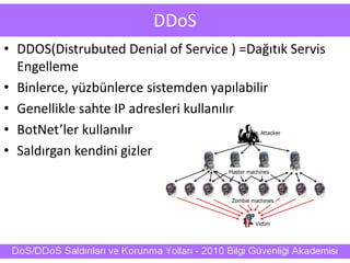 DDoS
• DDOS(Distrubuted Denial of Service ) =Dağıtık Servis
Engelleme
• Binlerce, yüzbünlerce sistemden yapılabilir
• Genellikle sahte IP adresleri kullanılır
• BotNet’ler kullanılır
• Saldırgan kendini gizler
 