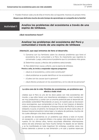 3
Conservamos los ecosistemas para una vida saludable
Educación Secundaria
2.o
grado
Analiza los problemas del ecosistema a través de una
espina de Ishikawa.
Analizar los problemas del ecosistema del Perú y
comunidad a través de una espina de Ishikawa
Actividad 1
¡Atenta/o!, que aquí entramos de lleno al desarrollo.
¿Qué necesitamos hacer?
La otra cara de la vida: Pérdida de ecosistemas, un problema que
afecta a todo nivel
¿Sabías que el Perú es uno de los doce países con más ecosistemas del
mundo, y que ellos tienen una importancia estratégica a nivel mundial por
ser muy productivos y contar con un enorme potencial para el desarrollo de
actividades sostenibles? Recordando un poco, en nuestro país se reconocen
once ecorregiones, que comprenden el mar frío, el mar tropical, el desierto
costero, el bosque seco ecuatorial, el bosque tropical del Pacífico, la serranía
esteparia, la puna, el páramo, los bosques de lluvias de altura (selva alta), el
bosque tropical amazónico (selva baja) y la sabana de palmeras, muchos de
los cuales albergan a las áreas naturales protegidas.
La pérdida de ecosistemas es un problema que afecta a todo el mundo
sin excepción, y con especial énfasis a los países más biodiversos como el
nuestro. En los últimos años, hemos escuchado diferentes informaciones
acerca de esta amenaza que hace mucho tiempo ha dejado de ser latente
y se ha manifestado en toda magnitud. Sin embargo, ¿cuántas veces nos
hemos detenido a pensar su real dimensión y en qué y quiénes repercute
1.	 Conversa con tus familiares sobre los diversos problemas que tiene el
ecosistema de tu comunidad y el Perú. Es importante que registres lo
conversado. Luego, selecciona el problema que tú consideres más grave.
2.	Determina causas y efectos del problema seleccionado.
3.	Para determinar causa y efecto, usa la espina de Ishikawa.
Previo a ello, te invito a responder algunas preguntas:
-
- ¿Qué es el ecosistema y cómo está constituido?
-
- ¿Qué problemas se puede identificar en los ecosistemas?
-
- ¿Cuáles son las causas que lo generan?
-
- ¿Qué efectos producen en los ecosistemas y en la vida de las personas?
•	 Puedes finalizar cada una de ellas el mismo día o al siguiente. Avanza a tu propio ritmo.
¡Espero que disfrutes mucho de este tiempo de aprendizaje en compañía de tu familia!
 