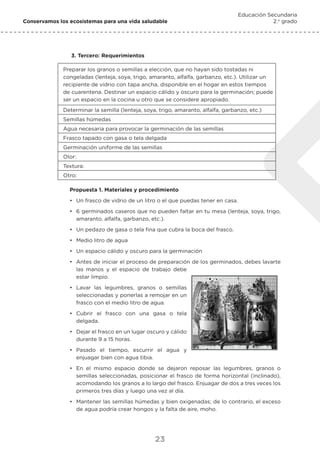 23
Conservamos los ecosistemas para una vida saludable
Educación Secundaria
2.o
grado
3. Tercero: Requerimientos
Preparar los granos o semillas a elección, que no hayan sido tostadas ni
congeladas (lenteja, soya, trigo, amaranto, alfalfa, garbanzo, etc.). Utilizar un
recipiente de vidrio con tapa ancha, disponible en el hogar en estos tiempos
de cuarentena. Destinar un espacio cálido y oscuro para la germinación; puede
ser un espacio en la cocina u otro que se considere apropiado.
Determinar la semilla (lenteja, soya, trigo, amaranto, alfalfa, garbanzo, etc.)
Semillas húmedas
Agua necesaria para provocar la germinación de las semillas
Frasco tapado con gasa o tela delgada
Germinación uniforme de las semillas
Olor:
Textura:
Otro:
Propuesta 1. Materiales y procedimiento
•	 Un frasco de vidrio de un litro o el que puedas tener en casa.
•	 6 germinados caseros que no pueden faltar en tu mesa (lenteja, soya, trigo,
amaranto, alfalfa, garbanzo, etc.).
•	 Un pedazo de gasa o tela fina que cubra la boca del frasco.
•	 Medio litro de agua
•	 Un espacio cálido y oscuro para la germinación
•	 Antes de iniciar el proceso de preparación de los germinados, debes lavarte
las manos y el espacio de trabajo debe
estar limpio.
•	 Lavar las legumbres, granos o semillas
seleccionadas y ponerlas a remojar en un
frasco con el medio litro de agua.
•	 Cubrir el frasco con una gasa o tela
delgada.
•	 Dejar el frasco en un lugar oscuro y cálido
durante 9 a 15 horas.
•	 Pasado el tiempo, escurrir el agua y
enjuagar bien con agua tibia.
•	 En el mismo espacio donde se dejaron reposar las legumbres, granos o
semillas seleccionadas, posicionar el frasco de forma horizontal (inclinado),
acomodando los granos a lo largo del frasco. Enjuagar de dos a tres veces los
primeros tres días y luego una vez al día.
•	 Mantener las semillas húmedas y bien oxigenadas; de lo contrario, el exceso
de agua podría crear hongos y la falta de aire, moho.
 