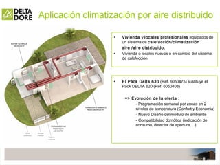 Aplicación climatización por aire distribuido
• Vivienda y locales profesionales equipados de
un sistema de calefacción/climatización
aire /aire distribuido.
• Vivienda o locales nuevos o en cambio del sistema
de calefección
• El Pack Delta 630 (Ref. 6050475) sustituye el
Pack DELTA 620 (Ref. 6050408)
=> Evolución de la oferta :
- Programación semanal por zonas en 2
niveles de temperatura (Confort y Economia)
- Nuevo Diseño del módulo de ambiente
- Compatibilidad domótica (indicación de
consumo, detector de apertura,…)
 