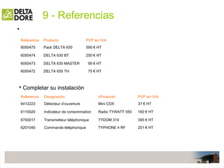 9 - Referencias
Referencia Producto PVP sin IVA
6050475 Pack DELTA 630 595 € HT
6050474 DELTA 630 BT 250 € HT
6050473 DELTA 630 MASTER 95 € HT
6050472 DELTA 630 TH 75 € HT
•
Referencia Designación vProducto PVP sin IVA
6412223 Détecteur d’ouverture Mini COX 37 € HT
6110020 Indicateur de consommation Radio TYWATT 550 160 € HT
6700017 Transmetteur téléphonique TYDOM 310 395 € HT
6201040 Commande téléphonique TYPHONE 4 RF 201 € HT
• Completar su instalación
 