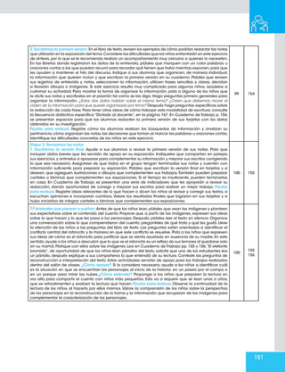 151
2.Escribimos la primera versión.En el libro de texto,revisen los ejemplos de cómo podrían redactar las notas
que utilizarán en la exposición del tema.Considere las dificultades que los niños enfrentarán en este ejercicio
de síntesis, por lo que se le recomienda realizar un acompañamiento muy cercano a quienes lo necesiten.
En las libretas donde registraron los datos de la entrevista, pídales que marquen con un color palabras u
oraciones cortas a las que puedan recurrir para recordar qué tienen que tratar mientras exponen,para que
les ayuden a mantener el hilo del discurso. Indique a sus alumnos que organicen, de manera individual,
la información que quieren incluir y que escriban la primera versión en su cuaderno. Pídales que revisen
sus registros de entrevista y notas, seleccionen la información, utilicen frases sencillas y claras, decidan
si llevarán dibujos o imágenes. Si este ejercicio resulta muy complicado para algunos niños, ayúdelos a
culminar su actividad. Para mostrar la forma de organizar la información, pida a alguno de los niños que
le dicte sus notas y escríbalas en el pizarrón tal como se las diga. Haga preguntas primero generales para
organizar la información: ¿Estos dos datos hablan sobre el mismo tema? ¿Creen que debemos mover el
orden de la información para que quede organizada por tema? Después haga preguntas específicas sobre
la redacción de cada frase.Para tener otras ideas de cómo trabajar esta modalidad de escritura,consulte
la Secuencia didáctica específica “Dictado al docente”, en la página 167. En Cuaderno de Trabajo p. 154,
se presentan espacios para que los alumnos redacten la primera versión de sus tarjetas con los datos
obtenidos en su investigación.
Pautas para evaluar. Registre cómo los alumnos realizan las búsquedas de información y analizan su
pertinencia,cómo organizan las notas,las decisiones que toman al marcar las palabras u oraciones cortas.
Identifique las dificultades concretas de los niños en este ejercicio.
99 154
Etapa 3. Revisamos las notas
1. Escribimos la versión final. Ayude a sus alumnos a revisar la primera versión de sus notas. Pida que
incluyan datos breves que les servirán de apoyo en su exposición. Indíqueles que compartan en parejas
sus ejercicios,y anímelos a apoyarse para complementar su información y mejorar sus escritos corrigiendo
lo que sea necesario. Asegúrese de que todos en el grupo tengan terminadas sus notas y cuenten con
información suficiente para preparar su exposición. Pídales que escriban la versión final en tarjetas y si
desean, que agreguen ilustraciones o dibujos que complementen sus trabajos.También pueden preparar
carteles o láminas que complementen sus exposiciones. Si el tiempo es insuficiente, pueden terminarlas
en casa. En Cuaderno de Trabajo se presentan una serie de indicadores que les apoyarán a revisar su
redacción, dando oportunidad de corregir y mejorar sus escritos para realizar un mejor trabajo. Pautas
para evaluar. Registre ideas relevantes de lo que hacen o dicen los niños al revisar y corregir sus textos, si
escuchan opiniones e incorporan cambios. Valore los resultados finales que lograron en sus tarjetas y si
hubo iniciativa de integrar carteles o láminas que complementen sus exposiciones.
100 155
Animales que piensan y sueñan.Antes de que los niños lean,pídales que vean las imágenes y planteen
sus expectativas sobre el contenido del cuento. Propicie que, a partir de las imágenes, expresen sus ideas
sobre lo que hacen y lo que les pasa a los personajes. Después, pídales leer el texto en silencio. Organice
una conversación sobre lo que comprendieron del cuento; pregúnteles de qué trata y qué les gustó. Lleve
la atención de los niños a las preguntas del libro de texto. Las preguntas están orientadas a identificar el
conflicto central del ratoncito y la manera en que este conflicto se resuelve. Pida a los niños que expresen
sus ideas de cómo es el ratoncito para justificar que se sienta asustado en ausencia de su madre. En este
sentido,ayude a los niños a descubrir que lo que ve el ratoncito es un reflejo de sus temores al quedarse solo
sin su mamá. Platique con ellos sobre las imágenes. Lea en Cuaderno de Trabajo pp. 155 y 156,“El elefante
bromista”, de oportunidad de que los niños lean párrafos del texto, solicite que uno de los estudiantes lea
un párrafo, después explique a sus compañeros lo que entendió de su lectura. Conteste las preguntas de
reconstrucción e interpretación del texto. Estas actividades servirán de apoyo para los trabajos realizados
dentro del salón de clases. ¿Cómo apoyar? Si lo considera necesario, ayude a los niños a identificar cuál
es la situación en que se encuentran los personajes al inicio de la historia: en un paseo por el campo o
en un parque para mirar las nubes.¿Cómo extender? Proponga a los niños que preparen la lectura en
voz alta para compartir el cuento con niños más pequeños. Esto va a requerir que se lean unos a otros,
que se retroalimenten y evalúen la lectura que hacen. Pautas para evaluar. Observe la continuidad de la
lectura de los niños, al hacerlo por ellos mismos.Valore la comprensión de los niños sobre la perspectiva
de los personajes en la reconstrucción de la trama y la información que recuperan de las imágenes para
complementar la caracterización de los personajes.
100
155
156
 