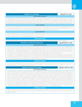 159
Apartado 1. Lo que pienso Pág.82 CT p. 232
¿Cómo guío el proceso?
Las imágenes sobre el Día de Muertos que se sugieren en el libro servirán para conocer lo que piensan los niños sobre las
tradiciones.Invite a los alumnos a describir cada imagen;para tal efecto,puede formular preguntas sobre los lugares y los objetos
que aparecen en ellas: ¿qué observas en las imágenes?, ¿qué hacen las personas?, ¿dónde están? Oriente el diálogo respecto
al significado de esta celebración cuestionando a los niños acerca de si en su casa o comunidad la llevan a cabo, por qué lo
hacen y desde cuándo. Las interrogantes previas pueden servir para enriquecer la reflexión en torno al tema de las tradiciones.
¿Cómo apoyar?
En caso de que sus alumnos no cuenten con información sobre la celebración del Día de Muertos puede platicarles que, en
distintos lugares de México, como Quintana Roo y Baja California, se realiza desde hace mucho tiempo; este referente temporal
les permitirá reconocer que se trata de una práctica que ha pasado de generación en generación.
¿Cómo extender?
Puede preguntar al grupo cuándo se celebra el Día de Muertos y pedir a los niños que lo registren en el calendario del grupo. En
este momento pueden revisar otros eventos registrados y contar los meses transcurridos. Si lo considera oportuno, comente otros
eventos próximos como son las fiestas decembrinas y de inicio de año.
Pautas para evaluar
Identifique las ideas que los alumnos expresan para justificar qué hace que el Día de Muertos sea o no una tradición.
Apartado 2. La tradición favorita de Yau Pág.83-84 CT p. 232
¿Cómo guío el proceso?
Lea con el grupo el texto sobre la tradición de la familia de Yau, y procure resaltar la idea de que la fiesta de la Guelaguetza se
realiza año con año en Oaxaca; formule algunas interrogantes para ayudar a los niños a generar ideas: ¿habrá comida o bailes
en dicha fiesta?,¿quiénes participan?,¿cómo? Es probable que los niños puedan formular deducciones recuperando sus propias
experiencias en celebraciones parecidas, por lo que sus respuestas pueden ser un indicativo de sus acercamientos a tradiciones
similares.Invite a los niños a leer la definición de Guelaguetza y comente con ellos que una actividad importante en esta tradición
es compartir y, para representar esto, en la fiesta se reparten dulces y otros productos a todos los asistentes.
Acompañe a los niños durante la observación y descripción de las fotografías del Recortable 1.Puede intervenir para hacer explícita
información no contemplada por los niños y que es necesaria para comprender lo que se hace en esta fiesta,el trabajo colectivo
implicado,así como el sentido cooperativo de la misma.Una vez que hayan pegado correctamente las fotografías,pídales narrar
en grupo las acciones que se realizan antes y durante la fiesta. La narración es un instrumento muy importante para trabajar las
nociones temporales, por ello es fundamental realizar este tipo de actividades.
Pautas para evaluar
Revise que las fotografías estén colocadas en el lado correcto y analice las razones por las cuales los niños las colocaron del modo
en que lo hicieron. En la medida de sus posibilidades, procure registrar las tradiciones que identifican.Verifique si su repertorio se
amplía conforme avanza el trabajo en la secuencia.
Apartado 3.Tradiciones de invierno Pág.85 - 86 CT p. 233
¿Cómo guío el proceso?
Con este apartado se busca recuperar las vivencias de los alumnos en torno a las tradiciones celebradas en el momento actual
del año o durante las semanas previas al trabajo con esta secuencia,pues la cercanía en el tiempo de estas tradiciones permite al
estudiante recuperar una mayor cantidad de elementos de éstas.En primer lugar,se presentan tradiciones de invierno de diferentes
lugares del país como ejemplos concretos para apoyar la generación de ideas sobre las propias tradiciones que celebran los
niños con sus familias. Solicite al grupo revisar las imágenes y oriéntelos para que centren su atención en reconocer y describir las
tradiciones que en su comunidad se celebran en invierno (aproximadamente del 21 de diciembre al 20 de marzo).Al colorear los
meses del año,comente con los alumnos que habrá dos meses que corresponden a dos estaciones del año diferentes (diciembre
y marzo); pídales decidir y justificar si los colorearán o no, y de qué manera podrían marcar gráficamente qué partes del mes
corresponden a cada estación del año. Procure establecer relaciones entre las características del invierno y el paisaje natural del
lugar donde viven;este tipo de vínculos favorece la construcción de referentes temporales.Como ya se mencionó antes,conviene
que el uso del calendario se convierta en una actividad permanente en la cual los niños registren lo que les sea significativo. La
noción de temporalidad se construye con el uso cotidiano de los instrumentos como el calendario y el reloj.En el calendario grupal
registre las conmemoraciones, las fiestas, los cumpleaños u otro evento que el grupo considere importante.
Pautas para evaluar
Valore la capacidad de los alumnos para ubicar temporalmente las tradiciones de la época de invierno. Procure identificar los
argumentos que indican para ello, así como posibles relaciones entre las formas de celebración y las características de esta
estación del año.
 