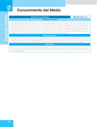 178
Segundo
Grado
Conocimiento del Medio
Apartado 6. Lo que aprendí Pág.101 CT p. 111
¿Cómo guío el proceso?
En la primera parte se espera que los alumnos reafirmen e integren de qué manera clasificaron las plantas, y expresen por escrito
algo que hayan aprendido acerca de ellas. Las respuestas serán diversas, por lo que conviene promover su socialización. En la
segunda parte se busca que los alumnos valoren su participación e involucramiento en el desarrollo de las actividades en equipo,
de manera que reflexionen sobre su propio proceso de aprendizaje en términos de lo construido con sus pares. Para evaluar el
desempeño de los alumnos en el trabajo en equipo, sitúelos en las actividades que se realizaron en equipo. Recuerde que en
esta modalidad de trabajo se ponen en acción una serie de habilidades y destrezas que implican proponer ideas, argumentar,
negociar, aceptar las ideas de otros y gestionar el tiempo. Haga énfasis en algunas características del trabajo en equipo que
ayuden a los alumnos a diferenciarlo de otro tipo de trabajo, como el individual o el grupal.
Pautas para evaluar
Identifique si los alumnos son capaces de expresar diferentes criterios de clasificación; entre ellos, el tamaño u otras características
que diferencian a las yerbas, los arbustos y los árboles. Verifique si reconocen su relevancia para nuestra vida y la del planeta e
identifican acciones para ayudar a protegerlas.Tome en cuenta la valoración que hacen los alumnos respecto a su desempeño
al trabajar en equipo, de tal forma que les ayude a mejorar en los siguientes trabajos que se realicen en esta modalidad.
Microhistoria
Dos niños y una niña siembran tres semillas. Después de cubrirlas con tierra, uno de los niños las riega. Cada planta crece a su
ritmo y de acuerdo con sus propias características. Después, se aprecia que se trata de un árbol, un arbusto y una yerba. Utilice
las imágenes para que los alumnos identifiquen las acciones para cuidar las plantas, las diferencias en su tamaño y la relación
con otros seres vivos.
 