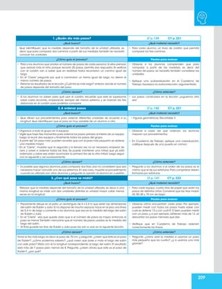 209
1. ¿Quién dio más pasos? LT p. 139 CT p. 221
¿Qué busco? ¿Qué material necesito?
Que identifiquen que la medida depende del tamaño de la unidad utilizada, es
decir, que para comparar dos caminos a partir de sus medidas también se necesita
conocer las unidades.
•	 Para cada alumno, un trozo de cordón que permita
comparar los tres caminos.
¿Cómo guío el proceso? Pautas para evaluar
•	 Pida a los alumnos que anoten el número de pasos de cada persona.Si ellos piensan
que avanzó más el niño porque recorrió 20 pasos, permita esa respuesta. Al verificar
con el cordón van a saber que en realidad todos recorrieron un camino igual de
largo.
•	 En el “Cierre” pregunte por qué si caminaron un tramo igual de largo, no dieron el
mismo número de pasos.
•	 Retome los resultados de la lección ¿Cuál tira es más larga? anterior,donde el número
de pasos depende del tamaño del paso.
•	 Observe si los alumnos comprenden que para
comparar a partir de las medidas, es decir del
número de pasos, se necesita también considerar las
unidades.
•	 Aplique una autoevaluación en el Cuaderno de
Trabajo, favorezca la autocorrección, argumentada.
¿Cómo apoyar? ¿Cómo extender?
•	 Si los alumnos no saben para qué usar el cordón, recuerde que este se superpone
sobre cada recorrido, empezando siempre del mismo extremo, y se marcan las tres
distancias en el cordón para poderlas comparar.
•	 Los pasos construidos en la lección ¡Juguemos otra
vez!
2.A ordenar pasos LT p. 140 CT p. 221
¿Qué busco? ¿Qué material necesito?
•	 Que afinen sus procedimientos para ordenar diferentes unidades de acuerdo a su
longitud. Que identifiquen que el paso es muy variable de un alumno a otro.
• Figuras geométricas. Recortable 3
¿Cómo guío el proceso? Pautas para evaluar
•	Organice a todo el grupo en 4 equipos.
•	Vigile que haya tres momentos para ordenar los pasos:primero al interior de un equipo,
luego al reunir dos equipos y finalmente todos los pasos del grupo.
•	A partir del“Un paso más”pueden acordar que con el paso más pequeño se obtiene
una medida mayor.
•	En el “Cierre”, muestre que la segunda y la tercera vez no es necesario empezar de
cero y volver a ordenar todas las tiras. Se puede mantener una mitad que ya está
ordenada, y sobre ese orden acomodar la primera tira de la otra mitad, luego seguir
con la siguiente y así sucesivamente.
•	 Observe si cada vez que ordenan, los alumnos
mejoran sus procedimientos.
•	 En Cuaderno de Trabajo, aplique una coevaluación,
califique después de una puesta en común.
¿Cómo apoyar? ¿Cómo extender?
•	 Es posible que algunos alumnos,para comparar dos tiras,aún no consideren que sea
necesario hacer coincidir uno de sus extremos.En ese caso,muestre el procedimiento
cuando es utilizado por otros alumnos y pregunte la opinión al alumno en cuestión.
•	 Pregunte a los alumnos si el orden de los pasos es el
mismo que el de sus estaturas.Para comprobar deben
formarse por estaturas.
3. ¿Con qué paso se midió? LT p. 141 CT p. 222
¿Qué busco? ¿Qué material necesito?
Reforzar que la medida depende del tamaño de la unidad utilizada, es decir, si una
misma longitud se mide con dos unidades distintas la unidad mayor cabe menos
veces en la longitud.
•	 Para cada equipo, cuatro tiras de papel que serán los
pasos de distintos niños. Conviene que las tiras midan
45, 50, 60 y 70 cm de largo.
¿Cómo guío el proceso? Pautas para evaluar
•	 Previamente dibuje en el patio un rectángulo de 4 x 5.4 m que serán las dimensiones
del salón de Rubén y Julia.Si no dispone de mucho espacio,trace en el piso una línea
de 5.4 m de largo y comente a los alumnos que esa es la medida del largo del salón
de Rubén y Julia.
•	 En el “Cierre”, vea que quede claro que si el número de pasos es mayor, entonces el
paso es menor.También mencione que el número de pasos usados es la medida del
largo del salón.
•	 Al final guarde las tiras de Rubén y Julia pues las van a usar en la siguiente lección.
•	 Observe cómo encuentran cada paso. Por ejemplo,
pueden medir con todos los pasos hasta saber con
cuál se obtiene 12 y con cuál 9.O bien,pueden medir
con un paso, y, si por ejemplo, obtienen más de 12, se
descartan los pasos menores que ése.
•	 Verifique que en Cuaderno de Trabajo ordenen
correctamente las líneas.
¿Cómo apoyar? ¿Cómo extender?
Tome la tira más larga,es decir,el paso de 70 cm,y pregunte: ¿creen que éste es el paso
de Rubén?, ¿cómo podemos saberlo?, ¿qué creen que pase si mido el largo del salón
con este paso? Mida con él la longitud correspondiente al largo del salón. El resultado
será más de 7 pasos pero menos de 8. Pregunte, ¿creen ahora que este es el paso de
Rubén?, ¿por qué?
•	 Pregunte, ¿cómo será la medida si usamos un paso
más pequeño que los cuatro?, ¿y si usamos uno más
grande?
 