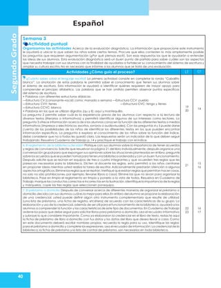 Español
40
Segundo
Grado
Semana 3
Actividad puntual
Organizamos las actividades Acerca de la evaluación diagnóstica. La información que proporcione este instrumento
le ayudará a ubicar lo que saben los niños sobre ciertos temas. Procure que ellos contesten lo más ampliamente posible
las preguntas que requieren argumentación (¿Por qué piensas eso?). Son esas respuestas las que le ayudarán a entender
las ideas de sus alumnos. Esta evaluación diagnóstica será un buen punto de partida para saber cuáles son los aspectos
que necesita trabajar con sus alumnos con la finalidad de ayudarlos a fortalecer su conocimiento del sistema de escritura y
ampliar su cultura escrita. No es necesario que informe a los alumnos que se trata de una evaluación.
Actividades ¿Cómo guío el proceso? LT CT
¿Cuánto sabes sobre el lenguaje escrito? La primera actividad consiste en completar la ronda “Caballito
blanco”. La anotación de estas palabras le permitirá saber el conocimiento que tienen sus alumnos sobre
el sistema de escritura. Esta información le ayudará a identificar quiénes requieren de mayor apoyo para
comprender el principio alfabético. Las palabras que se han omitido permiten observar puntos específicos
del sistema de escritura.
• Palabras con diferentes estructuras silábicas:
—Estructura CV (consonante-vocal) como: manada o semana —Estructura CCV: pueblo
—Estructura CVV: tienes —Estructura CVC: tengo y tienes
—Estructura CCVC: blanco
• Palabras en las que se utilizan dígrafos (qu y ll): aquí y mantequilla.
La pregunta 2 permite saber cuál es la experiencia previa de los alumnos con respecto a la lectura de
diversos textos (literarios o informativos) y permitirá identificar algunos de sus intereses como lectores. La
pregunta 3 ofrece información acerca de si los alumnos conocen la función de los diferentes textos o medios
informativos (impresos o electrónicos; escritos, sonoros o audiovisuales). Con las preguntas 4 y 5 puede darse
cuenta de las posibilidades de los niños de identificar los diferentes textos en los que pueden encontrar
información específica. La pregunta 6 explora el conocimiento de los niños sobre la función del índice,
debe considerar que no a todos les quedó claro. Las respuestas serán un indicador de lo que deben seguir
trabajando.Resuelva Cuaderno de Trabajo p.14 y practique el trabajo con el índice.
19
20
14
6. El reglamento de la biblioteca del salón Platique con sus alumnos sobre la importancia de tener acuerdos
y reglas de convivencia. Solicite que resuelvan la página 21 del libro individualmente; después organice una
conversación grupal para que expongan sus opiniones sobre las situaciones planteadas en el libro; pregunte
sobre los acuerdos que se pueden tomarpara tener una biblioteca ordenada ycon un buen funcionamiento.
Después solicite que se reúnan en equipos de tres o cuatro integrantes y que acuerden tres reglas que les
parezcan necesarias para la biblioteca. Dicten al docente las reglas, esto permitirá a los niños centrarse
en proponer ideas mientras usted realiza la tarea de escritor. Adicionalmente prestarán atención a algunos
aspectos ortográficos.Elimine las reglas que se repitan.Verifique que existan reglas que permitan hacer cosas,
no solo no sólo prohibiciones, por ejemplo, llevarse libros a casa). Elimine las que no sirvan para organizar la
biblioteca. Pase en limpio el reglamento en limpio y ponerlo a la vista de todos. Resuelva en Cuaderno de
Trabajo,marque las conductas correctas e incorrectas en la ilustración,identifique la importancia de la reglas
y márquelas, copie las tres reglas que seleccionen porequipo.
21
15
16
7. El préstamo a domicilio Después de conversar acerca de diferentes maneras de organizar el préstamo a
domicilio,decida con sus alumnos cuál es la mejor para ellos.En el libro del alumno se propone la elaboración
de una credencial; usted puede definir algún otro instrumento complementario que resulte de utilidad
(una lista de préstamo, una ficha de registro, etcétera) de acuerdo con las características de su grupo. La
elaboración y uso de la credencial,además de ser útil para el funcionamiento de la biblioteca,ayudará a los
alumnos a comprender la función y las características de este tipo de documentos.En Cuaderno de Trabajo
ordene los pasos que debe seguir para solicitar libros para préstamo a domicilio. Lea el recuadro informativo
y subraye lo que considere importante. Como ya elaboraron la credencial en el libro de texto, redacte aquí
la ficha de préstamo de libro a domicilio con tus datos y los datos del libro que desea llevar a casa. Como
en este documento deberá escribir nombres propios, recuerda la regla para su uso. Identifique las reglas
para el préstamo a domicilio y complete las expresiones. Lea el recuadro de información: La credencial de la
biblioteca,la ficha de préstamo y la lista de control de préstamo,son necesarios en toda biblioteca.
22
23
16
17
 