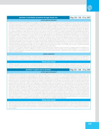 239
Apartado 2.Actividades recreativas del lugar donde vivo Pág.125 - 126 CT p. 329
¿Cómo guío el proceso?
Durante la revisión de las fotografías de la página 125 encamine la atención de los niños hacia las personas (si hay niños,adultos o
ambos), lo que están haciendo y las características del lugar (abierto o cerrado); pida que externen sus ideas sobre la razón por la
que estas actividades pueden ser divertidas para las personas que las realizan.Tome en consideración el significado de “actividad
recreativa” propuesta en la sección Mis nuevas palabras para facilitar la reflexión anterior. Guíe a los niños para que retomen las
consideraciones anteriores y justifiquen la elección de la actividad recreativa que les parece más divertida (“porque me divierto
con otros”,“me gusta estar al aire libre”).Puede encaminar los comentarios identificando que hay actividades recreativas de distinto
tipo:artísticas,literarias y deportivas,entre otras.Una vez que los alumnos cuenten con algunos ejemplos de actividades recreativas,
pídales mencionar las que practican en el lugar donde viven y dibujar una de ellas en el espacio de la página 126. Organice al
grupo en parejas o equipos para comentar los dibujos; haga énfasis en la diversidad de actividades, las personas que participan
y los lugares donde se realizan. El Juego de la oca, del Recortable 3, tiene la intención de que los niños realicen una actividad
recreativa y que las imágenes presentadas en el tablero de juego les sean útiles para establecer relaciones entre las actividades
recreativas y los lugares donde éstas se realizan. Antes de comenzar el juego, pida a los niños observar las imágenes del tablero.
Oriéntelos para que reconozcan que las situaciones del pozo (ilustraciones enmarcadas en un contorno redondo) representan
actividades recreativas que se realizan en lugares inadecuados.Explique las reglas del juego:se tira el dado y el jugador avanza los
lugares indicados;cuando un jugador cae al pozo espera ahí hasta que otro caiga;si el jugador cae en una oca (ganso) avanza
automáticamente a la siguiente casilla con oca y vuelve a tirar;el jugador que cae en una casilla que simula un puente,retrocede
o avanza al siguiente puente. Gana el jugador que llega primero a la meta.
Para dar inicio al juego, organice al grupo en parejas o tríos. Permita que jueguen varias rondas. Se sugiere cerrar la actividad con
preguntas que lleven a los niños a reflexionar sobre el carácter recreativo de la actividad, si les pareció divertida o no, qué la hace
divertida, qué actividades recreativas parecidas practican y qué las hace similares o diferentes a ésta. Invítelos a que jueguen en
casa con el recortable.
¿Cómo extender?
Para profundizar en el tema,elaboren una gráfica de las actividades que dibujaron en el libro.Apoye al grupo anotando en el pizarrón
las actividades y su frecuencia.Posteriormente,platiquen sobre las actividades recreativas más comunes del lugar donde viven.Guíe
el diálogo para que reflexionen sobre la relación entre el tipo de actividades que identificaron y las características de la localidad.
Pautas para evaluar
Verifique si los alumnos reconocen la diversidad de actividades recreativas del lugar donde viven y que éstas no son exclusivas de
los niños.Registre si relacionan las actividades recreativas con la diversión,y si reconocen el carácter recreativo del Juego de la oca.
Verifique si son capaces de relacionar las características de una actividad recreativa con las del lugar donde generalmente se realiza.
Apartado 3. Lugares para la diversión Pág.127 - 128 CT p.330
¿Cómo guío el proceso?
El trabajo de este apartado se inicia en equipo, pero el registro de la información en la tabla será grupal. Para ayudar a los niños
a argumentar sus propuestas, pregúnteles, por ejemplo, si existe un único sitio en el cual pueden realizarse las actividades que
mencionan y por qué éstas pueden realizarse en los sitios que indican y no en otros.Las respuestas a preguntas como éstas servirán
a los alumnos para plantear la relación entre actividades recreativas y los lugares donde se realizan. Se propone que el croquis se
elabore en grupo,aunque también puede ser en parejas o individualmente.Es de gran ayuda para los alumnos darles ciertas pistas
(como dibujar en el pizarrón algunos elementos del croquis).También conviene fomentar el intercambio de ideas entre los niños
durante esta actividad, de manera que dialoguen y negocien acerca de los lugares y su representación en el croquis. Durante la
elaboración del croquis apoye al grupo para identificar,localizar y describir los sitios a incluir.De manera particular ayúdelos a ubicar
cada lugar utilizando algunos referentes como derecha-izquierda, delante-detrás, dentro-fuera, cerca-lejos, al centro, en la esquina,
entre otros. Para la elaboración de los símbolos es necesario que les proporcione algún ejemplo; puede retomar el trabajo que
realizaron durante la secuencia didáctica Lugares en mi comunidad,en la que se trabajó en la identificación de símbolos.Recuerde
pedir que guarden su trabajo en la Carpeta de actividades.Al terminar la sesión,solicite a los niños realizar en casa la actividad que
se plantea en la página 128. Invítelos a hacerla preguntándoles, por ejemplo, qué tanto saben o qué piensan sobre las diversiones
de sus familiares cuando eran niños. Procure generar interés y la necesidad de averiguar sobre el tema, y que hagan predicciones
para contrastar con la información que recopilen. En el libro de texto se propone que los alumnos expresen qué hace divertida la
actividad que registran, lo cual servirá para reforzar el concepto de actividad recreativa. Propóngales extender sus descripciones
con textos o dibujos que plasmen en hojas blancas e integren en su Carpeta de actividades.
Pautas para evaluar
Durante la elaboración del croquis,valore las participaciones de los alumnos considerando si aportan datos claros sobre la ubicación
de los sitios para la recreación,utilizan términos de orientación espacial (el parque se encuentra en el centro del barrio;las canchas
de basquetbol están al lado de la escuela), y si exponen ideas para la elaboración de símbolos y éstos son coherentes respecto
a las características de la actividad recreativa que se desea representar.Valore el interés de los niños por indagar sobre el pasado
de su familia.
 