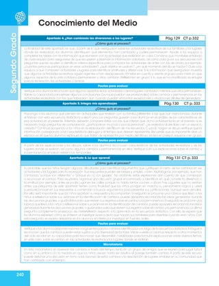 240
Segundo
Grado
Conocimiento del Medio
Apartado 4. ¿Han cambiado las diversiones o los lugares? Pág.129 CT p.332
¿Cómo guío el proceso?
La finalidad de este apartado es que, a partir de lo que averiguaron sobre las actividades recreativas de sus familiares y los lugares
donde las realizaban, los alumnos identifiquen qué elementos han cambiado y cuáles permanecen. Ayude a los equipos a
completar las tablas con la información que reunieron con la actividad que realizaron en casa. Conviene que monitoree el trabajo
de cada equipo para asegurarse de que recuperan y plasman la información solicitada, así como para guiar sus discusiones con
preguntas que les ayuden a identificar criterios específicos para comparar las actividades de antes con las de ahora, por ejemplo:
¿cuántas personas participaban en esas actividades?, ¿qué objetos se usaban?, ¿en qué momento del día se hacían? Guíe a los
equipos a que comparen actividades y lugares para identificar similitudes y diferencias. Si la información que averiguaron muestra
que algunas actividades recreativas siguen vigentes o han desaparecido,tómelas en cuenta y oriente al grupo para insistir en que
algunos aspectos de la vida cotidiana permanecen y otros cambian. Reflexionen en grupo si lo que se ha modificado es el lugar
para la recreación, las actividades o ambas.
Pautas para evaluar
Verifique si los alumnos reconocen que algunos aspectos de las actividades o de los lugares cambiaron,mientras que otros permanecen.
Valore su capacidad para extraer algunas conclusiones (aunque puedan ser provisionales) sobre cambios y permanencias en las
actividades recreativas con las que trabajaron, aun cuando puedan encontrar excepciones o situaciones difíciles de generalizar.
Apartado 5. Integro mis aprendizajes Pág.130 CT p. 333
¿Cómo guío el proceso?
Proponga a los alumnos que piensen en actividades que realizan con su familia (diferentes a las que han mencionado durante
el trabajo con esta secuencia didáctica) y elijan una. Las preguntas guiarán a los alumnos en el análisis de las características de
esa actividad en el presente.Además, deberán comparar éstas con las que infieran que dicha actividad tenía en el pasado; si es
necesario,haga preguntas de comparación:¿participaban muchas o pocas personas?,¿se realizaba al aire libre o en un espacio
cerrado? Continúe apoyando a los niños en la elaboración del Álbum de mis recuerdos. Cuando hagan el dibujo verifique que la
información corresponda a las características del lugar y al tiempo que desean representar. Recuerde que es importante abrir un
espacio en el que los alumnos expliquen lo que tratan de representar por medio del dibujo, ya sea en parejas, equipos o en grupo.
Pautas para evaluar
A partir de las explicaciones y los dibujos, valore si los alumnos reconocen características de las actividades recreativas y de los
lugares donde se realizan, así como algunos cambios y permanencias en ellos.Verifique si en sus explicaciones sobre el cambio y
la permanencia emplean referencias temporales.
Apartado 6. Lo que aprendí Pág.131 CT p. 333
¿Cómo guío el proceso?
Es probable que los niños tengan algunas dificultades para identificar argumentos que justifiquen la razón de los cambios en las
actividades y los lugares para la recreación. Sus respuestas pueden ser breves y simples, o bien, tautológicas, por ejemplo, que han
cambiado “porque son diferentes” o “porque ya no son iguales”. No obstante, estas expresiones dan cuenta de que comienzan
a reconocer el cambio. Para ayudarlos, organice una discusión grupal encaminada a identificar en qué consiste la diferencia o
la similitud, por ejemplo: antes se podía jugar en las calles porque no había tantos coches o ahora hay juguetes que no existían
antes. Las preguntas de este apartado tienen como finalidad que los niños pongan en marcha su pensamiento lógico y usted
pueda reconocer en sus respuestas si comienzan a buscar argumentos para presentar sus justificaciones, aunque sean sencillas.
Por ello, será importante que los niños escriban su respuesta y la compartan. Enseguida se propone una rúbrica que lleva a los
niños a reflexionar sobre sus avances en la identificación de cambios, puede apoyarlos recordando las ideas generadas durante
las discusiones grupales,o guiándolos para que revisen sus registros sobre el cambio y la permanencia.Enseguida se propone una
rúbrica que lleva a los niños a reflexionar sobre sus avances en la identificación de cambios,puede apoyarlos recordando las ideas
generadas durante las discusiones grupales,o guiándolos para que revisen sus registros sobre el cambio y la permanencia.La última
pregunta complementa el ejercicio de metarreflexión respecto a lo aprendido en la secuencia didáctica. Con ello, se espera que
los alumnos expresen cómo se sintieron al investigar acerca de lo que hacían sus familiares para divertirse cuando eran niños. Con
esta pregunta, se espera despertar en los alumnos el interés por investigar en fuentes orales.
Pautas para evaluar
Verifique si los alumnos proponen razones congruentes para los cambios identificados a lo largo de la secuencia didáctica.Indague si
reconocen que los cambios pueden estar sujetos a una diversidad de factores.Valore si existe un avance,respecto a otros momentos
del ciclo escolar, en su capacidad para reconocer que desarrollan habilidades para formular explicaciones sobre diversos temas;
en este caso, sobre el cambio en las actividades recreativas y los lugares donde se realizan.
Microhistoria
En esta microhistoria se observan los cambios a través del tiempo, tanto en un grupo de amigos que se reúnen para jugar futbol
como en su entorno. En la medida en que los niños crecen hasta ser adultos, el paisaje también cambia.A partir de este recurso
puede detonar una discusión en torno a las razones de estos cambios y la descripción de lugares similares en su comunidad que
han cambiado con el tiempo.
 