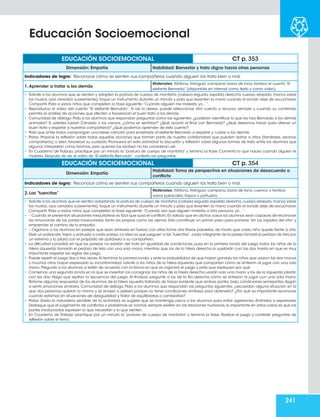 241
EDUCACIÓN SOCIOEMOCIONAL CT p. 353
Dimensión: Empatía Habilidad: Bienestar y trato digno hacia otras personas
Indicadores de logro: Reconoce cómo se sienten sus compañeros cuando alguien los trata bien o mal.
1.Aprender a tratar a los demás
Materiales: Xilófono, triángulo, campana, barra de tono, tambor, el cuento “El
elefante Bernardo” (disponible en internet como texto y como video).
• Solicite a los alumnos que se sienten y adopten la postura de cuerpo de montaña (cabeza erguida, espalda derecha, cuerpo relajado, manos sobre
los muslos, ojos cerrados suavemente), toque un instrumento durante un minuto y pida que levanten la mano cuando el sonido deje de escucharse.
Compartir. Pida a varios niños que completen la frase siguiente:“Cuando alguien me molesta, yo…”.
• Reproduzca el video del cuento “El elefante Bernardo”. Si así lo desea, puede seleccionar otro cuento o recurso, siempre y cuando su contenido
permita el análisis de acciones que afecten o favorezcan el buen trato a los demás.
• Comunidad de diálogo. Pida a los alumnos que respondan preguntas como las siguientes: ¿pudieron identificar lo que les hizo Bernardo a los demás
animales? Si ustedes fueran Cándido o los ciervos, ¿cómo se sentirían? ¿Qué ocurrió al final con Bernardo? ¿Qué debemos hacer para ofrecer un
buen trato y respetar a nuestros compañeros? ¿Qué podemos aprender de este cuento?
• Pida que entre todos compongan una breve canción para enseñarle al elefante Bernardo a respetar y cuidar a los demás.
• Pistas: Propicie la reflexión sobre todas aquellas acciones que forman parte de nuestra cotidianidad que pueden dañar a otros (familiares, vecinos,
compañeros), o bien, favorecer su cuidado. Promueva en esta actividad la discusión y reflexión sobre algunas formas de trato entre los alumnos que
algunos interpretan como bromas, pero quienes las reciben no las consideran así.
• En Cuaderno de Trabajo, practique por un minuto la “postura de cuerpo de montaña” y termina la frase. Comenta lo que haces cuando alguien te
molesta. Después de ver el video de “El elefante Bernardo”, contesta las preguntas.
EDUCACIÓN SOCIOEMOCIONAL CT p. 354
Dimensión: Empatía
Habilidad: Toma de perspectiva en situaciones de desacuerdo o
conflicto
Indicadores de logro: Reconoce cómo se sienten sus compañeros cuando alguien los trata bien o mal.
2. Las “fuercitas”
Materiales: Xilófono, triángulo, campana, barra de tono, cuenco o tambor,
varios paliacates, trapos o pañuelos.
• Solicite a los alumnos que se sienten adoptando la postura de cuerpo de montaña (cabeza erguida,espalda derecha,cuerpo relajado,manos sobre
los muslos, ojos cerrados suavemente), toque un instrumento durante un minuto y pida que levanten la mano cuando el sonido deje de escucharse.
Compartir. Pida a varios niños que completen la frase siguiente:“Cuando veo que alguien molesta a otra persona, yo…”.
• – Cuando se presentan situaciones inequitativas es fácil que surja el conflicto.Es valioso que en dichos casos los alumnos sean capaces de reconocer
las emociones de las partes involucradas, tanto las propias como las ajenas. Esto constituye un primer paso para ponerse “en los zapatos del otro” y
emprender el camino de la empatía.
• – Organice a los alumnos en parejas que sean similares en fuerza; con ellas forme dos líneas paralelas, de modo que cada niño quede frente a otro.
Dele un paliacate,trapo o pañuelo a cada pareja.La idea es que jueguen a las“fuercitas”,cada integrante de la pareja tomará el pedazo de tela por
un extremo y lo jalará con el propósito de quitárselo a su compañero.
• La dificultad consistirá en que las parejas no estarán del todo en igualdad de condiciones, pues en la primera ronda del juego todos los niños de la
hilera izquierda tomarán el pedazo de tela con una sola mano, mientras que los de la hilera derecha lo sujetarán con las dos. Insista en que es muy
importante respetar las reglas del juego.
• Puede repetir el juego dos o tres veces.Al terminar la primera ronda,y ante la probabilidad de que hayan ganado los niños que usaron las dos manos
y muchos otros hayan expresado su inconformidad, solicite a los niños de la hilera izquierda que compartan cómo se sintieron al jugar con una sola
mano. Pregunte a los alumnos si están de acuerdo con la forma en que se organizó el juego y pida que expliquen por qué.
• Comience una segunda ronda en la que se inviertan las consignas: los niños de la hilera derecha usarán solo una mano y los de la izquierda jalarán
con las dos. Haga que repitan la secuencia del juego. Al finalizar, pregunte a los de la fila derecha cómo se sintieron al jugar con una sola mano.
Retome algunas respuestas de los alumnos de la hilera opuesta tratando de hacer evidente que ambas partes, bajo condiciones semejantes, llegan
a sentir emociones similares. Comunidad de diálogo. Pida a los alumnos que respondan las preguntas siguientes: ¿recuerdan alguna situación en la
que dos personas quieran lo mismo y se enojen o peleen porque no tener condiciones similares para obtenerlo? ¿Por qué es importante reconocer
cuando estamos en situaciones de desigualdad y tratar de equilibrarlas o cambiarlas?
• Pistas: Dada la naturaleza sensible de la actividad, se sugiere que se mantenga cerca a los alumnos para evitar agresiones. Anímelos a expresarse.
Destaque que el surgimiento de conflictos o problemas es normal, siempre existen en las relaciones humanas, lo importante en estos casos es que las
partes involucradas expresen lo que necesitan y lo que sienten.
• En Cuaderno de Trabajo practique por un minuto la “postura de cuerpo de montaña” y termina la frase. Realice el juego y conteste preguntas de
reflexión sobre el tema.
Educación Socioemocional
 