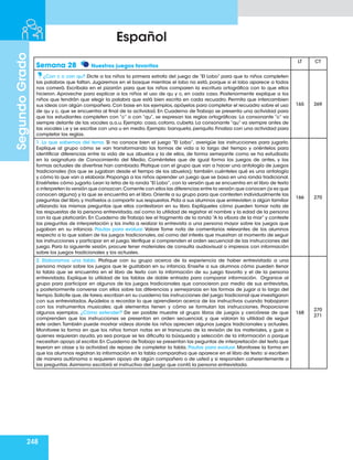 248
Segundo
Grado
Español
Semana 28 Nuestros juegos favoritos
LT CT
¿Con c o con qu? Dicte a los niños la primera estrofa del juego de “El Lobo” para que lo niños completen
las palabras que faltan. Jugaremos en el bosque mientras el lobo no está, porque si el lobo aparece a todos
nos comerá. Escríbala en el pizarrón para que los niños comparen la escritura ortográfica con lo que ellos
hicieron. Aproveche para explicar a los niños el uso de qu y c, en cada caso. Posteriormente explique a los
niños que tendrán que elegir la palabra que está bien escrita en cada recuadro. Permita que intercambien
sus ideas con algún compañero.Con base en los ejemplos,apóyelos para completar el recuadro sobre el uso
de qu y c, que se encuentra al final de la actividad. En Cuaderno de Trabajo se presenta una actividad para
que los estudiantes completen con “c” o con “qu”, se expresan las reglas ortográficas: La consonante “c” va
siempre delante de las vocales a,o,u. Ejemplo: casa, cotorro, cubeta. La consonante “qu” va siempre antes de
las vocales i,e y se escribe con una u en medio. Ejemplo: banqueta, periquito. Finaliza con una actividad para
completar las reglas.
165 269
1. Lo que sabemos del tema. Si no conoce bien el juego “El Lobo”, averigüe las instrucciones para jugarlo.
Explique al grupo cómo se van transformando las formas de vida a lo largo del tiempo y oriéntelos para
identificar diferencias entre la vida de sus abuelos y la de ellos, de forma semejante como se ha estudiado
en la asignatura de Conocimiento del Medio. Coménteles que de igual forma los juegos de antes, y las
formas actuales de divertirse han cambiado. Platique con el grupo que van a hacer una antología de juegos
tradicionales (los que se jugaban desde el tiempo de los abuelos); también cuénteles qué es una antología
y cómo la que van a elaborar. Proponga a los niños aprender un juego que se basa en una ronda tradicional.
Enséñeles cómo jugarlo.Lean la letra de la ronda“El Lobo”,con la versión que se encuentra en el libro de texto
o interpreten la versión que conozcan.Comente con ellos las diferencias entre la versión que conocen (si es que
conocen alguna) y la que se encuentra en el libro.Oriente a su grupo para que contesten individualmente las
preguntas del libro,y motívelos a compartir sus respuestas.Pida a sus alumnos que entrevisten a algún familiar
utilizando las mismas preguntas que ellos contestaron en su libro. Explíqueles cómo pueden tomar nota de
las respuestas de la persona entrevistada, así como la utilidad de registrar el nombre y la edad de la persona
con la que platicarán. En Cuaderno de Trabajo lee el fragmento de la ronda “A la víbora de la mar” y conteste
las preguntas de interpretación y los invita a realizar la entrevista a una persona mayor sobre los juegos que
jugaban en su infancia. Pautas para evaluar. Valore Tome nota de comentarios relevantes de los alumnos
respecto a lo que saben de los juegos tradicionales, así como del interés que muestran al momento de seguir
las instrucciones y participar en el juego.Verifique si comprenden el orden secuencial de las instrucciones del
juego. Para la siguiente sesión, procure tener materiales de consulta audiovisual o impresos con información
sobre los juegos tradicionales y los actuales.
166 270
2. Elaboramos una tabla. Platique con su grupo acerca de la experiencia de haber entrevistado a una
persona mayor sobre los juegos que le gustaban en su infancia. Enseñe a sus alumnos cómo pueden llenar
la tabla que se encuentra en el libro de texto con la información de su juego favorito y el de la persona
entrevistada. Explique la utilidad de las tablas de doble entrada para comparar información. Organice al
grupo para participar en algunos de los juegos tradicionales que conocieron por medio de sus entrevistas,
y posteriormente converse con ellos sobre las diferencias y semejanzas en las formas de jugar a lo largo del
tiempo.Solicite que,de tarea,escriban en su cuaderno las instrucciones del juego tradicional que investigaron
con sus entrevistados. Ayúdelos a recordar lo que aprendieron acerca de los instructivos cuando trabajaron
con los instrumentos musicales: qué elementos tienen y cómo se formulan las instrucciones. Proporcione
algunos ejemplos. ¿Cómo extender? De ser posible muestre al grupo libros de juegos y cerciórese de que
comprenden que las instrucciones se presentan en orden secuencial, y que valoran la utilidad de seguir
este orden.También puede mostrar videos donde los niños aprecien algunos juegos tradicionales y actuales.
Monitoree la forma en que los niños toman notas en el transcurso de la revisión de los materiales, y guie a
quienes requieran ayuda, ya sea porque se les dificulta la búsqueda y selección de la información o porque
necesitan apoyo al escribir.En Cuaderno de Trabajo se presentan las peguntas de interpretación del texto que
leyeron en clase y la actividad de repaso de completar la tabla. Pautas para evaluar. Monitoree la forma en
que los alumnos registran la información en la tabla comparativa que aparece en el libro de texto: si escriben
de manera autónoma o requieren apoyo de algún compañero o de usted y si responden coherentemente a
las preguntas.Asimismo escribirá el instructivo del juego que contó la persona entrevistada.
168
270
271
 