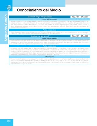 258
Segundo
Grado
Conocimiento del Medio
Apartado 5. Integro mis aprendizajes Pág.138 CT p. 337
¿Cómo guío el proceso?
Retome con los niños lo aprendido durante la secuencia didáctica Lugares en mi comunidad,del Bloque 2.Invítelos a elaborar un
croquis de “olores y sabores” del trayecto de su casa a la escuela o viceversa, o bien, de otros trayectos de lugares de referencia
que sean conocidos por los alumnos. Pida a los niños que señalen en el croquis los lugares que recuerden por sus sabores y
olores; algunos ejemplos son: una tortillería, una panadería, una pescadería, una florería. Haga hincapié en la importancia de
representarlos con símbolos.
Pautas para evaluar
Valore la representación de espacios y distancias.Verifique la incorporación de elementos relacionados con los sentidos del gusto
y del olfato, y que se encuentren claramente representados con símbolos propios.
Apartado 6. Lo que aprendí Pág.139 CT p. 337
¿Cómo guío el proceso?
Guíe a los niños para que reconozcan la utilidad de los sentidos del gusto y del olfato. Revise con ellos algunas de las actividades
realizadas con anterioridad para que posteriormente hagan una reflexión acerca de lo que aprendieron y sobre qué otras cosas
les gustaría saber más. Organice al grupo en equipos para compartir sus ideas.
Pautas para evaluar
Ponga atención a la utilidad que los alumnos atribuyen a sus aprendizajes, y si mencionan únicamente la importancia como
parte del trabajo con los contenidos escolares;o bien,si también son capaces de reconocer,aun en forma muy sencilla,que estos
contenidos tienen un impacto en su salud y en su proceso de aprendizaje; es decir, que conforman la base de conocimientos
y habilidades que les servirán para seguir aprendiendo en su vida. Identifique si cuentan con algunas ideas como base para
plantearse nuevos retos en el conocimiento de los sentidos del gusto y del olfato.
Microhistoria
En esta microhistoria,dos hermanos juegan al aire libre hasta que perciben el aroma de la comida.Guiados por el olor,llegan a la
mesa donde sus familiares están degustando los platillos del día y se sientan a comer. En relación con esta serie de imágenes es
posible detonar conversaciones respecto a la diversidad de olores y de sabores en un entorno determinado,o que son percibidos
comúnmente a lo largo de un día.
 