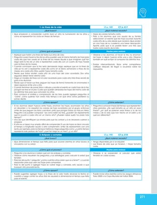 271
1. La línea de la vida LT p. 189 CT p. 317
¿Qué busco? ¿Qué material necesito?
• Que empiecen a comprender cuánto dura un año, la numeración de los años y
cómo se representan los ciclos en líneas de tiempo.
• Hojas de colores tamaño carta.
• Pida a los alumnos que con ayuda de su familia
seleccionen un evento que les haya ocurrido durante
cada año de su vida desde que nacieron.Que anoten
en una hoja de su cuaderno una breve descripción.
Aparte, pida que si es posible lleven una foto que
ilustre cada evento de la lista.
¿Cómo guío el proceso? Pautas para evaluar
• Explique que harán una línea de todos sus años de vida.
• Pregunte si para hacer la tira de los años pueden usar el mismo tamaño de hoja para
cada día que han usado en la línea de los meses. Ayude a que imaginen qué tan
larga sería la tira de un año si representan cada día con un cuarto de hoja. Puede
usar la línea de los meses.
• Cuando concluyan que la tira sería demasiado larga, explique que en la línea de
vida ya no van a representar cada día como en el diario, semanario o línea de los
meses, sino cada año. Ellos usarán hojas tamaño carta.
• Revise que todos anoten cada año en una hoja del color acordado. Dos años
seguidos deben tener distinto color.
• Haga un modelo de línea con el color acordado para cada año.Esta línea servirá de
guía a los alumnos.
• Revise que al hacer sus tiras, peguen las hojas de forma horizontal, sin encimarlas ni
dejar espacios entre una y otra.
• Cuando terminen de poner fotos o dibujos y escribir el evento en cada hoja de la tira,
pongan las tiras en el piso.Cuide que queden alineadas las hojas del mismo color de
las distintas tiras para que coincidan los años.
• Para conducir el análisis y comparación de las tiras, puede agregar preguntas al
“Cierre”, como quiénes han vivido más tiempo o en qué años varios perdieron su
primer diente.
• Observe si los alumnos, al hacer la tira, no enciman
las hojas ni dejan huecos entre una y otra. Observe
también en qué se fijan al comparar las distintas tiras.
• Evalúe intercambiando libros entre compañeros,
califique después de llegar a acuerdos sobre las
respuestas.
¿Cómo apoyar? ¿Cómo extender?
• Si los alumnos dejan huecos entre hojas, enciman las hojas, acomodan los años
en desorden o no respetan los colores de hoja acordados por el grupo, entonces
antes de que peguen las fotos y escriban, pida que pongan todas sus tiras en hilera.
Pregunte si se pueden comparar:“así como están las tiras, ¿pueden ver rápidamente
qué le ocurrió a cada niño en un mismo año? ¿Pueden saber quién ha vivido más
tiempo?”
• Una vez que identifiquen sus errores pida que los corrijan y si es necesario vuelvan a
empezar.
• El año es un lapso muy amplio,difícil de comprender.El uso de hojas,es decir,vincular
el tiempo a longitudes ayuda a esta comprensión, antes de representarlo con una
recta,por ejemplo,para los tiempos históricos.Haga preguntas como:¿cuánto tiempo
representa este pedazo de hoja?, ¿qué tan largo es un mes?, ¿y un día?
• Pregunte si conocen líneas del tiempo que representen
otros periodos. ¿De qué tamaño es un año en esas
líneas?, ¿en qué se parecen esas líneas a la de los
meses y de la vida que han hecho en el salón y en
qué son diferentes?
2. Eclipses y cometas LT p. 190 CT p. 318
¿Qué busco? ¿Qué material necesito?
• Que dimensionen el tiempo que falta para que ocurran eventos en años futuros al
vincularlos con su edad.
• Tenga disponibles por si se requiere:
• Las líneas de vida que ya hicieron. • Hojas tamaño
carta.
¿Cómo guío el proceso? Pautas para evaluar
• Pregunte a los alumnos si saben qué son los eclipses y cometas.
• Observe cómo resuelven las preguntas y sus estrategias para calcular la edad que
tendrán.
• Para las del punto 1 pregunte“¿como cuántos años creen que va a tener?”,y cuando
respondan pida que usen las hojas para comprobar.
• Para la del punto 2 agregar hojas se vuelve largo y cansado, esto ayuda a que
busquen otro procedimiento.
• Observe si se sorprenden al calcular qué edad
tendrán en cada suceso.
¿Cómo apoyar? ¿Cómo extender?
• Puede sugerirles agregar hojas a la línea de la vida hasta alcanzar la fecha en
cuestión y luego contar los años. Esto les ayudará a dimensionar el tiempo que falta
para el evento.
• Puede incluir otros eventos como los Juegos olímpicos
Tokio 2020 o la Copa Mundial de Futbol 2026.
 