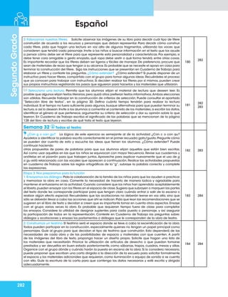 282
Segundo
Grado
Español
3. Fabricamos nuestros títeres. Solicite observar las imágenes de su libro para decidir cuál tipo de títere
construirán de acuerdo a los recursos y personajes que deban representar. Para decidir cómo construir
cada títere, pida que hagan una lectura en voz alta de algunos fragmentos, utilizando las voces que
consideren que tendrá cada personaje. Invite a los niños a buscar información en el texto que los ayude
a pensar cómo debe ser el títere para que represente esta personalidad y características. Por ejemplo, si
debe tener cara amigable o gesto enojado, qué ropa debe vestir o qué forma tendrá, entre otras cosas.
Es importante recordar que los títeres deben ser ligeros y fáciles de manejar. De preferencia, procure que
sean de materiales de reúso que tengan a su alcance.Es probable que se necesite el apoyo en casa para
terminar la construcción del títere. Siga las instrucciones que se presentan en Cuaderno de Trabajo para
elaborar un títere y conteste las preguntas. ¿Cómo extender? ¿Cómo extender? Si puede disponer de un
instructivo para hacer títeres,compártalo con el grupo para tomar algunas ideas.Recuérdeles el proceso
que ya conocen para trabajar con instructivos. Si deciden realizar los títeres por sí mismos, pueden crear
sus propios instructivos registrando los pasos que siguieron para hacerlos y los materiales que utilizaron.
180
282
Selecciono una lectura. Permita que los alumnos elijan el material de lectura que deseen leer. Es
posible que algunos elijan textos literarios,pero quizá otros prefieran textos informativos.Ambas elecciones
son válidas. Recuerde trabajar en la construcción de criterios de selección. Puede consultar el apartado
“Selección libre de textos”, en la página 30. Defina cuánto tiempo tendrán para realizar la lectura
individual.Si el tiempo no fuera suficiente para algunos,busque alternativas para que puedan terminar su
lectura,si así lo desean.Invite a los alumnos a comentar el contenido de los materiales,a escribir los datos,
identificar el género al que pertenece, argumentar su criterio de selección y dar su opinión sobre lo que
leyeron. En Cuaderno de Trabajo escriba el significado de las palabras que se mencionan de la página
128 del libro de lectura y escribe de qué trata el texto que leyeron.
181
282
283
Semana 32 Todos al teatro
¿Con g o con gu? La lógica de este ejercicio es semejante al de la actividad ¿Con c o con qu?
Ayúdelos a identificar la palabra escrita correctamente en el primer recuadro gato/guato.Pregunte cómo
se pueden dar cuenta de esto y escuche las ideas que tienen los alumnos. ¿Cómo extender? Puede
continuar haciendo
otras propuestas de pares de palabras para que sus alumnos elijan aquellas que están bien escritas.
Así como usar aquellas en las que los niños se equivocan con mayor frecuencia. Revise sus cuadernos y
anótelas en el pizarrón para que trabajen juntos. Aproveche para explicar nuevamente que el uso de g
o gu está relacionado con las vocales que aparecen a continuación. Realice las actividades propuestas
en cuaderno de Trabajo sobre las reglas ortográficas de la “g”, subraye la palabra correcta y complete
las expresiones.
182 283
Etapa 3. Nos preparamos para la función
1.Ensayamos los diálogos.Pida la colaboración de la familia de los niños para que los ayuden a practicar
y memorizar la obra en casa. Comente la necesidad de hacerlo de manera lúdica y agradable para
mantener el entusiasmo en la actividad.Cuando considere que los niños han aprendido aceptablemente
el libreto,pueden ensayar con los títeres en el espacio de clase.Sugiera que subrayen o marquen las partes
del texto donde les corresponde participar para que tengan claro cuándo entrar o salir de la escena o
realizar algún efecto especial. Recuérdeles que las acotaciones no deberán leerse en voz alta, sino que
sólo se deberán llevar a cabo las acciones que ahí se indican.Pida que lean las recomendaciones que se
sugieren en el libro de texto y decidan si creen que es importante tomar en cuenta otros aspectos.Ensaye
con el grupo varias veces la obra. Es probable que requieran tiempo fuera de clase para completar
los ensayos. Considere la utilidad de designar suplentes para cada puesto o personaje, y así asegurar
la participación de todos en la representación. Conteste en Cuaderno de Trabajo las preguntas sobre:
diálogos y acotaciones y ensaya los parlamentos o diálogos que le corresponden de la obra de teatro.
183 284
2. Construimos un teatrino. El teatrino será el espacio donde se lleve a cabo la escenificación de la obra.
Todos pueden participar en la construcción, especialmente quienes no tengan un papel principal como
personajes. Guíe al grupo para que decidan el tipo de teatrino que construirán. Esto dependerá de las
necesidades de cada obra y de las posibilidades de espacio y materiales con que cuenten. A partir
de las imágenes del libro de texto, proponga hacer un diseño propio. Solicite que hagan una lista de
los materiales que necesitarán. Priorice la utilización de artículos de desecho o que puedan tomarse
prestados y ser devueltos en buen estado posteriormente, como sábanas, trapos, cuadros, mesas y sillas.
Organice con el grupo dónde y cuándo harán la puesta en escena de la obra. Si lo considera necesario,
puede proponer que escriban una carta dirigida a la dirección de la escuela para solicitar formalmente
el espacio y los materiales adicionales que requieran, como iluminación o equipo de sonido si se cuenta
con ello. Guíe la escritura de la carta para que contenga los datos necesarios y esté escrita y dirigida
adecuadamente.
184 284
 