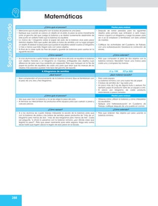 288
Matemáticas
Segundo
Grado
¿Cómo guío el proceso? Pautas para evaluar
• Mencione que el palo pequeño con la bolsa de piedras es una pesa.
• Explique que cuando se coloca un objeto en el plato, la pesa se pone inicialmente
junto al gancho del que cuelga la balanza y se desliza suavemente alejándola de
este punto sin soltarla hasta que la balanza se equilibre.
• La marca de 1 kilogramo sobre el papel del palo de la balanza sirve para pesar
distintos objetos. Pida que quiten del plato la bolsa de semillas y en su lugar pongan
un objeto.Al deslizar la pesa para que quede en equilibrio sabrán si pesa un kilogramo
o más o menos que éste. Hagan esto con varios objetos.
• Al final de la clase quite las tiras de papel y guarde las balanzas para usarlas en la
siguiente lección.
• Después de varias pesadas, para los siguientes
objetos pida primero que anticipen si será mayor,
menor o igual a un kilogramo, y luego los pesen, para
ver si ya se empiezan a familiarizar con esta unidad
de medida.
•	
•	 Califique las actividades del Cuaderno de Trabajo,
con una autoevaluación, favorezca la corrección de
errores.
¿Cómo apoyar? ¿Cómo extender?
• Si a los alumnos les cuesta trabajo saber en qué zona del palo se equilibra la balanza
con objetos menores a un kilogramo (o mayores), entregueles dos objetos cuya
diferencia de peso sea muy evidente por sopesado. Pida que marquen en la tira de
papel los puntos de equilibrio de cada uno para que vean que las marcas de los
objetos más pesados quedan más lejos del gancho de soporte.
• Pida que comparen el peso de dos objetos con la
balanza romana. Necesitan hacer una marca para
cada uno y comparar las marcas.
4. Kilogramos de semillas LT p. 199 CT p. 322
¿Qué busco? ¿Qué material necesito?
• Que comprendan el funcionamiento de la balanza romana. Que se familiaricen con
el peso de uno, dos y tres kilogramos.
• Para cada equipo:
• La balanza romana, con una nueva tira de papel.
• 3 bolsas de semillas de 1 kg cada una.
• Un poco más de 3 kg de alguna fruta o verdura. Por
ejemplo, papa. El producto varía de un equipo a otro.
• El precio por kilogramo de cada producto,
redondeado a pesos cerrados.
¿Cómo guío el proceso? Pautas para evaluar
• Vea que usen bien la balanza y no se les salga la pesa del palo.
• Al terminar se intercambian los productos entre equipos para que vuelvan a pesar y
calcular precios.
• Observe cómo utilizan la balanza y cómo interpretan
los resultados.
• Aplique una heteroevaluación en Cuaderno de
Trabajo, califique después de una puesta en común.
¿Cómo apoyar? ¿Cómo extender?
• Si a los alumnos les cuesta trabajo interpretar la escala de la balanza, pida que
con la balanza de platos y las bolsas de semillas pesen productos de “más de un
kilogramo pero menos de dos”,“más de dos kilogramos pero menos de tres”. Cada
vez pregunte, “si ahora lo pesamos con la balanza romana, ¿por dónde crees que
llegaría la pesa?”. Pida que pesen realmente para estar seguros. Haga esto varias
veces hasta que logren ubicar la región de esos pesos en la escala.
• Pida que ordenen tres objetos por peso usando la
balanza romana.
 