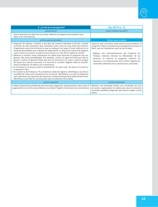 63
5. ¿Cuál es la pregunta? Pág. 40 CT p. 76
¿Qué busco? ¿Qué material necesito?
Que interpreten los datos de una tabla, elaboren la pregunta que produce esos
datos y las conclusiones.
¿Cómo guío el proceso? Pautas para evaluar
• Organice los equipos. Invítelos a que lean de manera individual la lección. Cuando
terminen de leer promueva que comenten entre ellos de qué trata esta lección.
Pregúnteles acerca de la forma en que se utilizaron las rayas o líneas oblicuas en el
recuento.Recuérdeles que a efectos de organización se utiliza esta manera de registrar,
cuatro líneas y la quinta cruzada. De esa manera es más fácil y rápido el conteo.
• Observe la manera como interpretan los datos para formular la pregunta que los
generó. Hay varias posibilidades. Por ejemplo, ¿cuál es el agua de frutas que más te
gusta?, ¿cuál es el agua de frutas que más se consume en tu casa?, ¿cuál es el agua
de frutas que menos consumes a la hora de la comida? Hágales notar la relación
entre la pregunta, los datos y las conclusiones.
• Si el tiempo no le alcanza, deje la actividad de “Un paso más” de tarea y la revisa en
la siguiente clase.
• En Cuaderno de Trabajo p. 76, complete la tabla de registro, identifique y escriba la
cantidad de niños que contestaron la encuesta. Identifique y escriba la pregunta
que realizaron y las opciones de respuesta, interprete datos de la tabla yfinalmente,
identifique y escriba las conclusiones que se obtienen de la tabla.
Observe qué considera cada alumno para elaborar la
pregunta. Fíjese si prueban que la pregunta funcione, es
decir, que las respuestas sean las de la tabla.
Aplique una heteroevaluación del Cuaderno de
Trabajo, mientras detecta las dificultades de los
alumnos, al elaborar la pregunta, redactar las
opciones, y la interpretación de la misma. Registe los
resultados obtenidos de la evaluaciones realizadas.
¿Cómo apoyar? ¿Cómo extender?
Si algún equipo tiene problemas para formular preguntas, puede guiarlos sobre ¿qué le
preguntarían a los niños para obtener esos datos? Haga lo mismo para las conclusiones.
Realizar una actividad similar con resultados de otra
encuesta, organizados en tablas para que los alumnos
formulen posibles preguntas que dieron origen a esos
datos.
 
