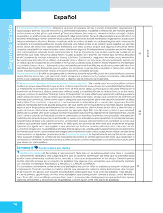 Español
74
Segundo
Grado
3. Conocemos otros instructivos, Organice al grupo en equipos de tres o cuatro integrantes; proporcione a
cada equipo distintos tipos de instructivos y permítales explorarlos. Ayúdeles a reflexionar, de manera general,
sus funciones sociales: ¿Para qué sirven? ¿Cómo se obtienen (se compran, vienen incluidos con algún objeto,
se reparten en instituciones de salud, etcétera)? ¿Qué información tienen? ¿Qué pasaría si ese instructivo no
existiera? Pídales que revisen si tienen título,subtítulos,ilustraciones,lista de materiales o ingredientes,explicación
del procedimiento,etcétera.Revise con ellos la tabla en su libro de texto y coordine el registro de la información
necesaria. Si considera pertinente, puede elaborar una tabla similar en el pizarrón para registrar un ejemplo
de los datos de instructivos adicionales. Reflexione con ellos acerca de por qué algunos instructivos tienen
todas las características mencionadas y otros sólo tienen algunas.Pídales observar si pueden encontrar alguna
otra característica, además de las mencionadas. Al final es importante que se den cuenta de cuáles son los
elementos que todo instructivo debe tener y cuáles pueden ser variantes del mismo tipo de texto. Resuelva
en el Cuaderno de Trabajo: subraye los títulos y subtítulos. Conteste las preguntas, lea el recuadro informativo,
Recuerda que los instructivos utilizan un lenguaje claro y directo. Las oraciones del procedimiento inician con
un verbo,que en ocasiones da una orden o instrucción,cuando es así, están en modo imperativo.Por ejemplo:
haz,enreda,forra,coloca… Subraye lo que considere importante.Identifique y escriba las partes del instructivo,
Identifique las viñetas. Recuerda que los verbos son acciones, cuando dan una orden o instrucción, están en
modo imperativo.Transforme verbos al modo imperativo complete la tabla.
Pautas para evaluar.Evalúe los progresos de sus alumnos durante la identificación de características comunes
de los distintos instructivos. ¿Se percatan de las semejanzas y diferencias? ¿Pueden nombrarlas y describirlas?
Estime si son capaces de sintetizar la función y objetivo de los instructivos en general.
43
34
35
36
Rimas y rondas“Naranja dulce,limón partido”“De una de dola”.“De una de dola”es una jitanjáfora,un texto
poético en el que el sentido de lo que se dice no tiene importancia,sino el ritmo y la musicalidad de las palabras.
Lo interesante de este texto es que no tiene rimas al final de los versos, puesto que sus recursos rítmicos son la
repetición de fonemas y sílabas parecidas (aliteraciones) y la distribución de las sílabas tónicas en los versos.
Juegue y cante con los niños “Naranja dulce, limón partido” sin mirar el texto, recuperando la letra que ellos se
saben.Después,lea con ellos la versión que aparece en el libro de textoy pídales que comenten de qué trata(el
mensaje que comunica). Tome como base la pregunta que se propone, pero trate de profundizar en las ideas
de los niños. Para ayudarlos a que poco a poco sustenten su interpretación, cuando den alguna explicación
sobre el contenido del texto, puede preguntar: ¿En qué parte del texto podemos encontrar alguna pista para
explicar eso? En procesos de interpretación de textos, retome las afirmaciones de los niños y devuélvalas al
grupo,sin hacer valoraciones sobre lo expuesto; por ejemplo,diga: Esto que dijo Juan,¿cómo lo ven ustedes?
¿Están de acuerdo? ¿Por qué? Juegue con los niños a leer cada vez más rápidamente la jitanjáfora“De una de
dola”.Lleve a cabo la actividad de contar las palmadas con los niños.Esto tiene como propósito que aprecien
la distribución acentual que marca el ritmo de los versos con el fin de hacerlos divertidos. El conteo del número
de palmadas al llegar a la palabra once los sorprenderá, porque precisamente es la cantidad de veces que
tuvieron que palmear hasta ese momento. Es difícil para los alumnos de este nivel que analicen el lenguaje
figurado y los significados que sugiere; o que reconozcan todos los recursos utilizados para que una canción
o una rima tengan una musicalidad particular. Con el apoyo de usted pueden aproximarse a estos elementos
demaneraquevayanconstruyendoestrategiasdecomprensiónadecuadasquepuedanutilizarconcreciente
autonomía en los siguientes grados escolares. Pautas para evaluar. Lo importante de esta actividad es que los
niños busquen integrar el sentido de las frases para reconstruir el sentido general del texto, que aprendan a
contrastar sus diferentes interpretaciones y que reconozcan cuándo hay pasajes cuyo sentido no es claro,pero
que tienen un valor estético.
44
45
Semana 8 Con la música por dentro
Identifica las palabras El Recortable 4: Memorama 2. Fíjate bien en las letras ayudará a los niños a consolidar
su conocimiento alfabético. Este juego requiere que los alumnos identifiquen las letras que se necesitan para
escribir correctamente los nombres de los animales y cosas que se representan en los dibujos. Deberán prestar
mucha atención porque en el conjunto de palabras hay algunas muy semejantes que únicamente cambian
por una letra. Por ejemplo: ARMADILLO y AMARILLO o CAPULÍN y CHAPULÍN.
Si lo considera conveniente, antes de recortar las tarjetas lea con los niños las palabras y busquen el dibujo que
la representa. Cuando recorten sus tarjetas solicite que separen las palabras de las ilustraciones y las pongan
en la mesa en dos grupos con la parte amarilla hacia arriba para que no se vean las palabras ni los dibujos.
• Si en la primera oportunidad un niño toma las tarjetas que corresponden nombre y dibujo, podrá llevarse el
par. • Si un niño toma un dibujo y una escritura que no corresponden deténgase para que entre todos opinen
sobre las semejanzas y diferencias de las palabras. Ganará quien junte más pares de palabras.
46
 