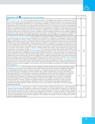91
Semana 10 Los anuncios de mi comunidad
LT CT
Chumba la cachumba Las canciones populares ofrecen la posibilidad de ampliar la cultura de los niños.
Por un lado, podrán conocer expresiones que se asocian a ciertas celebraciones y por otro reconocer que la
rima es una oportunidad de fortalecer su conocimiento alfabético. En esta ocasión y en la proximidad de la
celebración de Día de Muertos, los niños podrán divertirse cantando “Chumba la cachumba”. Quizá algunos
niños la conozcan y quizá sea novedad para otros. Si usted no la conoce, puede encontrar varias versiones en
internet. Consúltela previamente y,si tiene oportunidad, compártala con los alumnos. Antes de que escuchen
alguna versión de la canción, permita que inventen sus propios versos y verifique si riman. Después podrán
divertirse todos juntos cantando la canción completa. ¿Cómo extender? Puede buscar en algunas páginas
electrónicas otras coplas tradicionales para el día de muertos. Compártalas con sus alumnos y diviértanse
transformándolas.Resuelva Cuaderno de Trabajo,completa los versos que faltan con palabras que rimen.
58 44
4. ¿Qué anuncios vamos a escribir? Para ayudar a los alumnos a definir la información de su anuncio, elija
uno de los productos o servicios de las personas que entrevistaron y pregunte, por ejemplo: El señor Juan es
sastre, si yo quisiera hacerme un traje, ¿qué tengo que saber? y ¿qué tendría que tener el anuncio? Durante el
diálogo de los alumnos remita a los anuncios que han revisado en las sesiones anteriores para que recuerden
cuáles son los datos indispensables. Muestre al grupo publicidad de productos o servicios que se ofrecen en
la comunidad, pida a los alumnos que comenten cómo los recursos gráficos y tipográficos contribuyen a que
el anuncio resulte atractivo, que observen si la variación de tamaños y colores de las letras llaman la atención,
si la escritura de las frases es clara y correcta; también solicite que opinen sobre el efecto que causan las
ilustraciones o la ausencia de ellas. ¿Cómo apoyar? Si los alumnos muestran dificultades para identificar la
importancia de los recursos gráficos en los anuncios, pida que imaginen cómo sería este anuncio si no tuviera
colores, letras grandes, e imágenes. Incluso puede escribir el texto de uno de los anuncios en el pizarrón (sin
marcas gráficas, ni colores ni ilustraciones) y preguntarles: ¿Cuál de los dos textos llamaría más su atención?
¿Qué pasa cuando quitamos los colores y las imágenes? En Cuaderno deTrabajo elabore la primera versión del
anuncio, revíselo con los indicadores que se presentan y lea el recuadro informativo, subraye lo que considere
más importantes sobre los recursos tipográficos y gráficos que se usan en los anuncios. Pautas para evaluar.
Pida a los alumnos que hablen sobre la utilidad de la información investigada y los retos que enfrentaron al
escribir el anuncio, valoren sus logros y dificultades al escribir e identifiquen lo que es posible mejorar.También,
sobre la forma en que se integraron como equipo, así como los aportes que hicieron de manera individual y
en lo colectivo.
59
44
45
5.Diseñamos los anuncios En esta sesión los niños escribirán la versión final de los anuncios publicitarios; invítelos
a realizar las correcciones de sus textos antes de pasar en limpio sus escritos. Revisen la ortografía y reflexionen
en las palabras que tienen duda o errores y resuelvan con las opiniones de otros niños o la de usted, sigan
las indicaciones que se presentan en el libro de texto para poder complementar sus escritos. Esté atento a los
niños que presentan mayor dificultad en esta tarea y apóyelos de manera individual. Distribuya los materiales
de trabajo necesarios a cada equipo, para que escriban e ilustren los anuncios. Acompáñelos y anímelos
constantemente. Coloquen en el espacio de la escuela que hayan elegido estos anuncios publicitarios.
Pautas para evaluar. En la evaluación considere si los niños fueron capaces de entender el uso social de
este tipo de texto, si asumen y explican las distintas tareas que se requieren al escribir, si valoran sus logros
y reconocen lo que es posible mejorar, si identifica en ellos un interés genuino por seguir aprendiendo. En
Cuaderno de Trabajo elabora la versión final del anuncio en una cartulina y determinen el mejor lugar para
colocar los anuncios.
59 45
Mi Libro de lecturas. Seleccione un cuento o un texto narrativo del libro de lecturas con varios personajes.
Escriba el título del texto en el pizarrón y pida que lo encuentren en el índice del libro. Pregunte a sus alumnos
de qué creen que tratará la lectura. Lea en voz alta y pídales que sigan el texto en sus propios libros. Después
de la lectura converse con ellos a partir de las preguntas que tienen en su libro de texto to. Puede pedir a
algún niño que desee hacerlo que lea la primera pregunta para que la comenten entre todos. Puede seguir
el mismo procedimiento con las demás preguntas. En Cuaderno de Trabajo conteste las preguntas sobre el
texto “Las manchas del ocelote”.
60 45
 