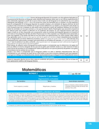 135
Organizadores curriculares
Eje temático Tema Aprendizajes esperados
Forma, espacio y medida. Magnitudes y medidas.
• Estima,compara y ordena eventos usando
unidades convencionales de tiempo:día,
semana, mes y año.
Propósito y descripción del trayecto
En este trayecto se introduce el calendario y se analizan sus características. Se retoma la línea de dos meses para comparar lo ocurrido en ese
lapso.Sin embargo,en lugar de registrar los eventos futuros como en el bloque anterior,se comparan el número de días y semanas y los eventos
ocurridos en, al menos, dos meses pasados. El calendario surge como un recurso para registrar la información de la tira de los meses de una
manera más sintética,que ocupa menos espacio,y pone en juego la idea del mes como un ciclo más pequeño que el año,pero más largo que
la semana o el día. El trayecto en su conjunto permite reforzar el aprendizaje de los nombres de los días y los meses, así como de las unidades
de medida del tiempo el mes, la semana y el día.
Tiempo de realización
El trayecto se conforma por tres lecciones. Cada una puede desarrollarse en una sesión de 50 minutos.
BLOQUE 2 pp. 82- 84
Trayecto 1. Los meses
Matemáticas
“Canción para arrullar a mi gato”Acerca del lenguaje figurado.En la poesía y en otros géneros textuales (no
necesariamente literarios), el lenguaje suele utilizarse para expresar ideas que no son dichas explícitamente,
sino solamente sugeridas a partir de lo que se dice.A este uso del lenguaje se le suele llamar figurado, para
distinguirlo del lenguaje propio o literal, en el que las cosas son llamadas por su nombre y no hay espacios
para la ambigüedad. En el lenguaje figurado se pueden emplear una variedad de figuras retóricas, de las
cuales la más conocida es la metáfora,en la que se hace referencia a un objeto o una situación para aludir a
otro. El poema que van a trabajar en esta sesión está construido a partir de metáforas. Platique con los niños
sobre los animales con los que conviven y a los que les tienen afecto. Propóngales que escuchen el poema
en silencio para que centren la atención en el contenido del poema; en una segunda lectura, pida que
sigan el texto en su libro. Desarrolle una conversación sobre los sentidos del lenguaje figurado en el poema
con base en las preguntas del libro de texto. Propicie que los niños expresen sus interpretaciones personales,
pero que regresen a las partes del texto en las que basan sus apreciaciones. Los niños pueden referir ideas
muy generales como El poema dice que los ojos de los gatos son bonitos o hacer interpretaciones tomadas
de su imaginación sin hacer referencia al poema, como A los gatos les gusta mirar la luna; ante este tipo de
interpretaciones,usted puede conseguir que profundicen en el análisis,por ejemplo: ¿En qué parte del texto lo
dice?; lean la estrofa en voz alta y comente: ¿Qué querrá decir con‘dos gajos de luna’,cómo se los imaginan?
¿Se parecen a la forma de los ojos de los gatos?
Este trabajo de reflexión sobre el lenguaje les puede ayudar a comprender que la referencia a los gajos de
luna se refiere a la forma alargada de los ojos de los gatos pero también alude a su vida nocturna. O bien,
que la lluvia de escobas es una exageración sobre la frecuencia con que las personas ahuyentan a los gatos
a escobazos de las azoteas de sus casas.
Ayude a los niños a comprender que el lenguaje poético se abre a distintas interpretaciones. Esto se
manifestará en una variedad de ideas de los niños sobre lo que dice el poema.Apóyelos para que expresen
y pongan en diálogo sus interpretaciones,dando oportunidad de que no lleguen a una interpretación única.
92 147
Pautas para evaluar
Valore la respuesta afectiva de los niños sobre el contenido del poema y su musicalidad. Ésta es la base de
una apreciación estética del lenguaje literario.
92 147
 
