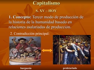 Capitalismo  S. XV – HOY   1. Concepto:  Tercer modo de producción de la historia de la humanidad basado en relaciones asalariadas de producción. 2. Contradicción principal:  burguesía proletariado 