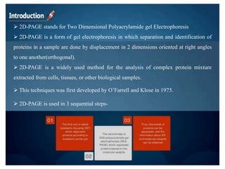  2D-PAGE stands for Two Dimensional Polyacrylamide gel Electrophoresis
 2D-PAGE is a form of gel electrophoresis in which separation and identification of
proteins in a sample are done by displacement in 2 dimensions oriented at right angles
to one another(orthogonal).
 2D-PAGE is a widely used method for the analysis of complex protein mixture
extracted from cells, tissues, or other biological samples.
 This techniques was first developed by O’Farrell and Klose in 1975.
 2D-PAGE is used in 3 sequential steps-
 