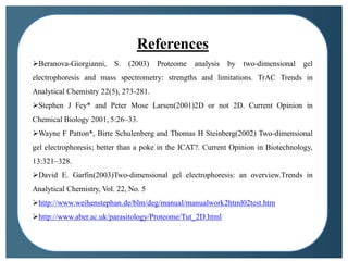 References
Beranova-Giorgianni, S. (2003) Proteome analysis by two-dimensional gel
electrophoresis and mass spectrometry: strengths and limitations. TrAC Trends in
Analytical Chemistry 22(5), 273-281.
Stephen J Fey* and Peter Mose Larsen(2001)2D or not 2D. Current Opinion in
Chemical Biology 2001, 5:26–33.
Wayne F Patton*, Birte Schulenberg and Thomas H Steinberg(2002) Two-dimensional
gel electrophoresis; better than a poke in the ICAT?. Current Opinion in Biotechnology,
13:321–328.
David E. Garfin(2003)Two-dimensional gel electrophoresis: an overview.Trends in
Analytical Chemistry, Vol. 22, No. 5
http://www.weihenstephan.de/blm/deg/manual/manualwork2html02test.htm
http://www.aber.ac.uk/parasitology/Proteome/Tut_2D.html
 