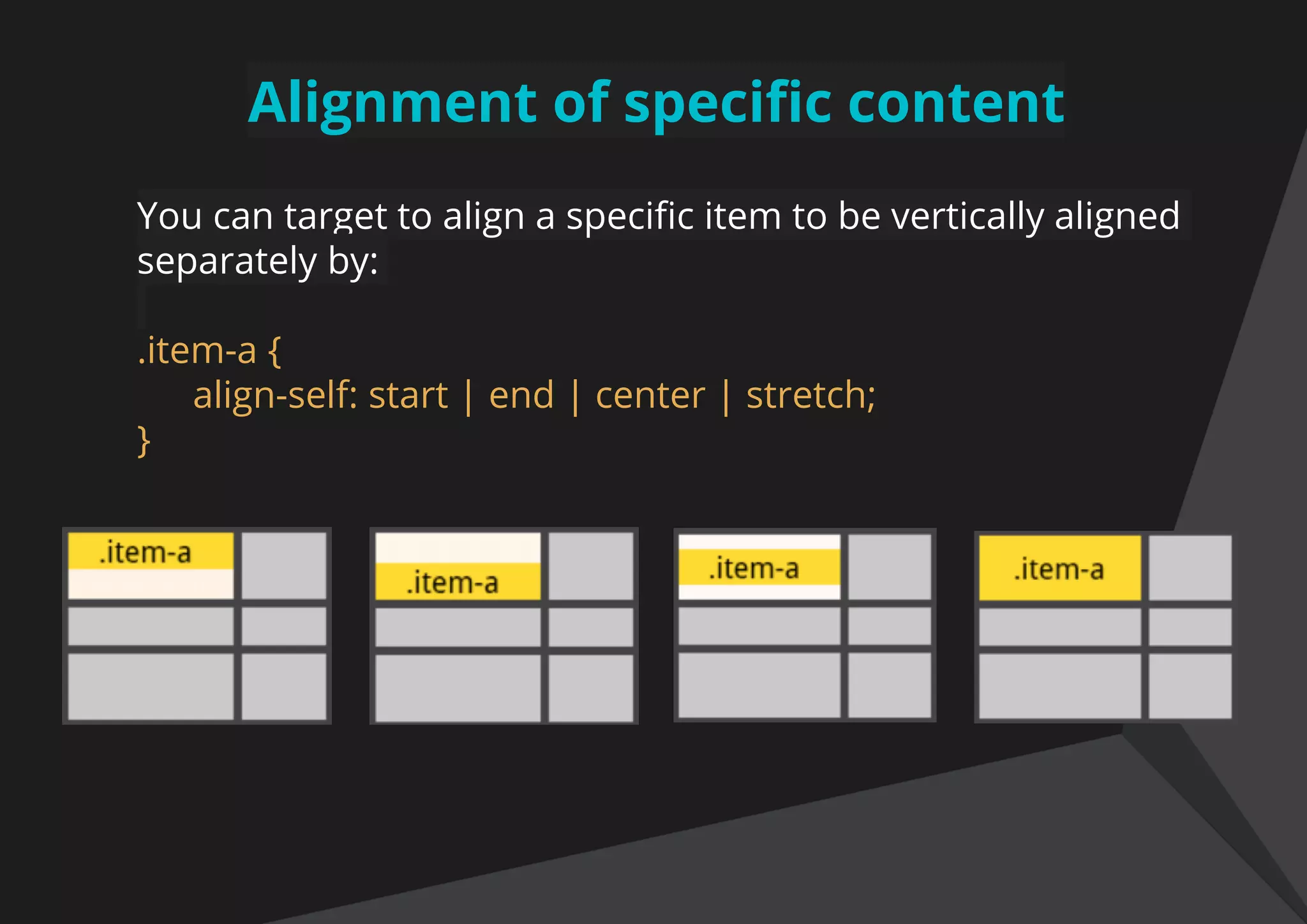Alignment of specific content
You can target to align a specific item to be vertically aligned
separately by:
.item-a {
align-self: start | end | center | stretch;
}
 