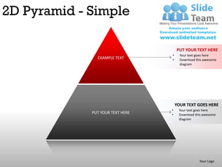 2D Pyramid - Simple

                                      PUT YOUR TEXT HERE
                                  •     Your text goes here
               EXAMPLE TEXT       •     Download this awesome
                                        diagram




                                      YOUR TEXT GOES HERE
                                  •    Your text goes here
             PUT YOUR TEXT HERE   •    Download this awesome
                                       diagram




                                                   Your Logo
 