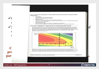 Different methods COST approach: to change the value of one factor at a time until there no further improvement. DOE approach: to construct a carefully selected set of experiments in which all relevant factors are varied simultaneously. Changing a single factor a time doesn’t necessarily provide information about the optimum conditions in particular when there are interactions between factors. BUT 