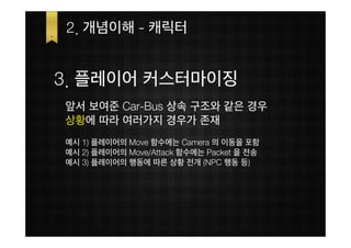 2. 개념이해 - 캐릭터


3. 플레이어 커스터마이징
앞서 보여준 Car-Bus 상속 구조와 같은 경우
상황에 따라 여러가지 경우가 존재
예시 1) 플레이어의 Move 함수에는 Camera 의 이동을 포함
예시 2) 플레이어의 Move/Attack 함수에는 Packet 을 전송
예시 3) 플레이어의 행동에 따른 상황 전개 (NPC 행동 등)
 