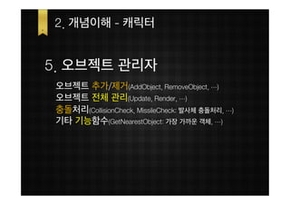 2. 개념이해 - 캐릭터


5. 오브젝트 관리자
 오브젝트 추가/제거(AddObject, RemoveObject, …)
 오브젝트 전체 관리(Update, Render, …)
 충돌처리(CollisionCheck, MissileCheck: 발사체 충돌처리, …)
 기타 기능함수(GetNearestObject: 가장 가까운 객체, …)
 